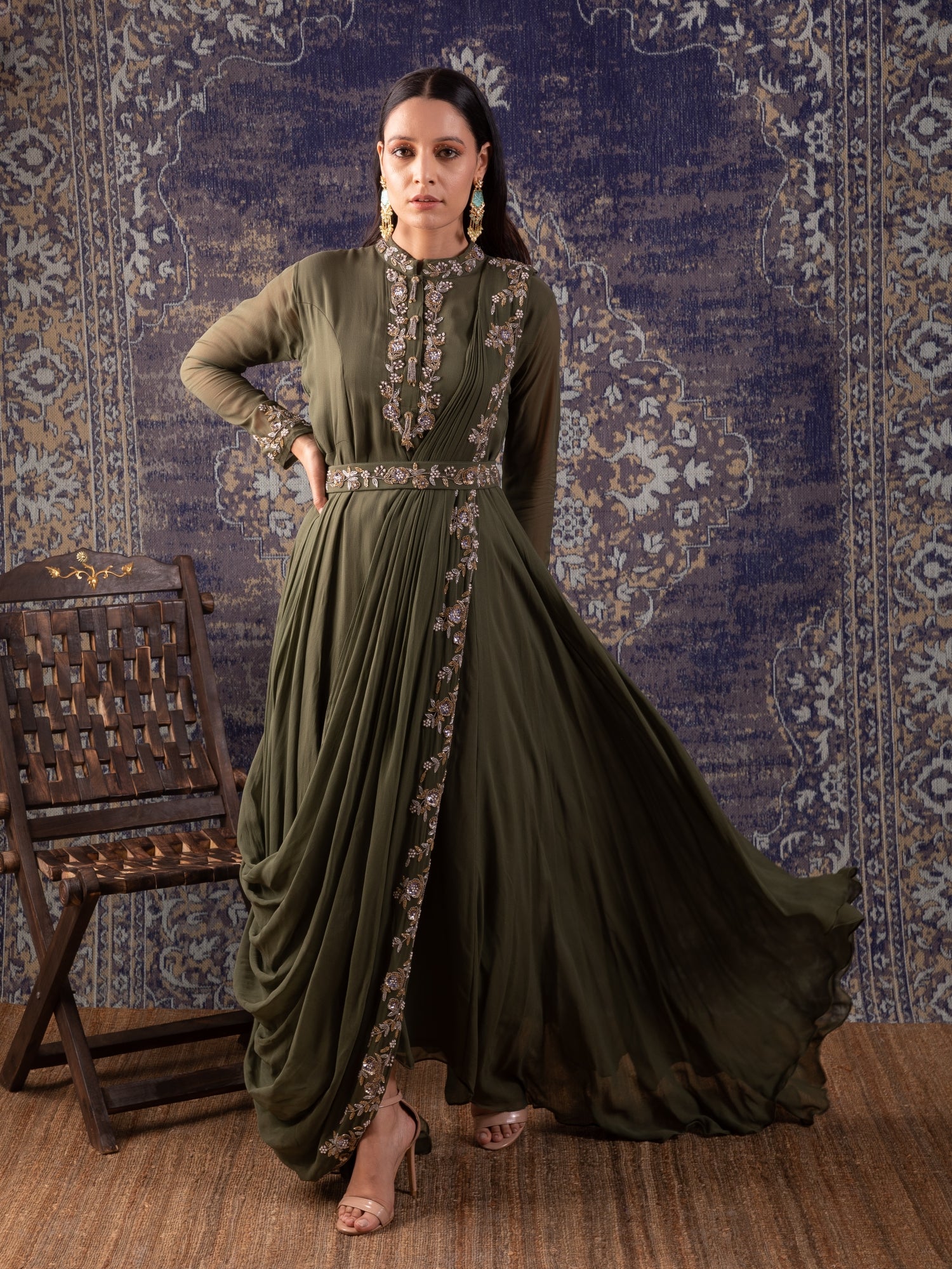 Mehendi Green Draped Pleated Gown Comes With A Same Waist Belt