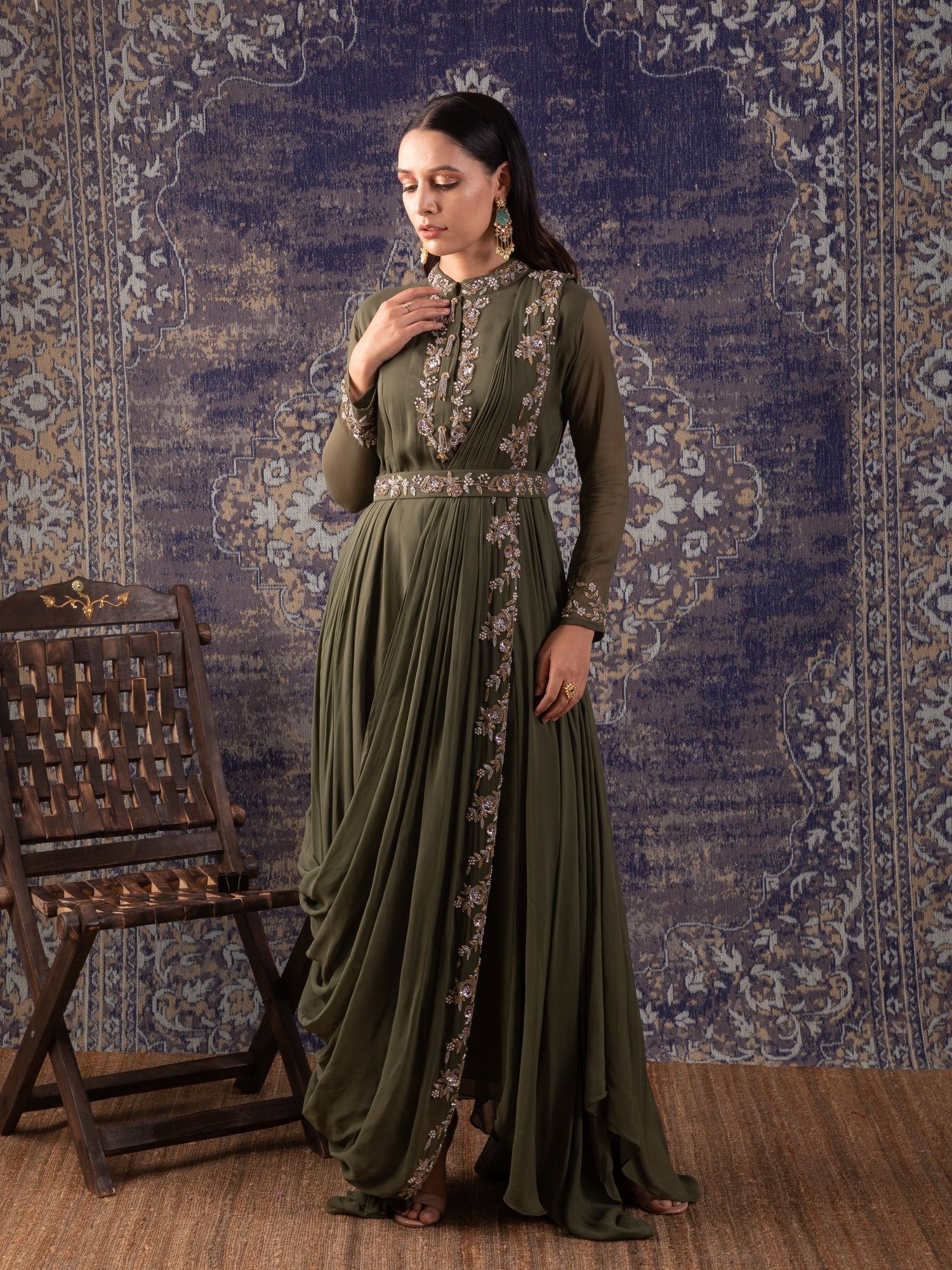 Mehendi Green Draped Pleated Gown Comes With A Same Waist Belt