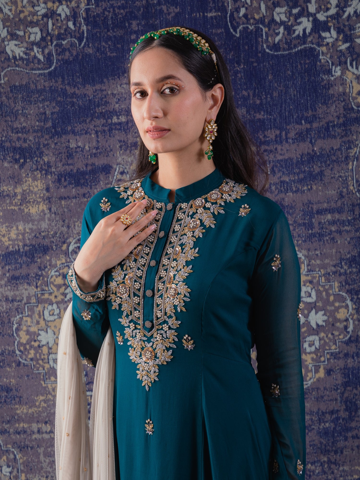 Rama Green Asymmetrical Anarkali With A Dupatta.