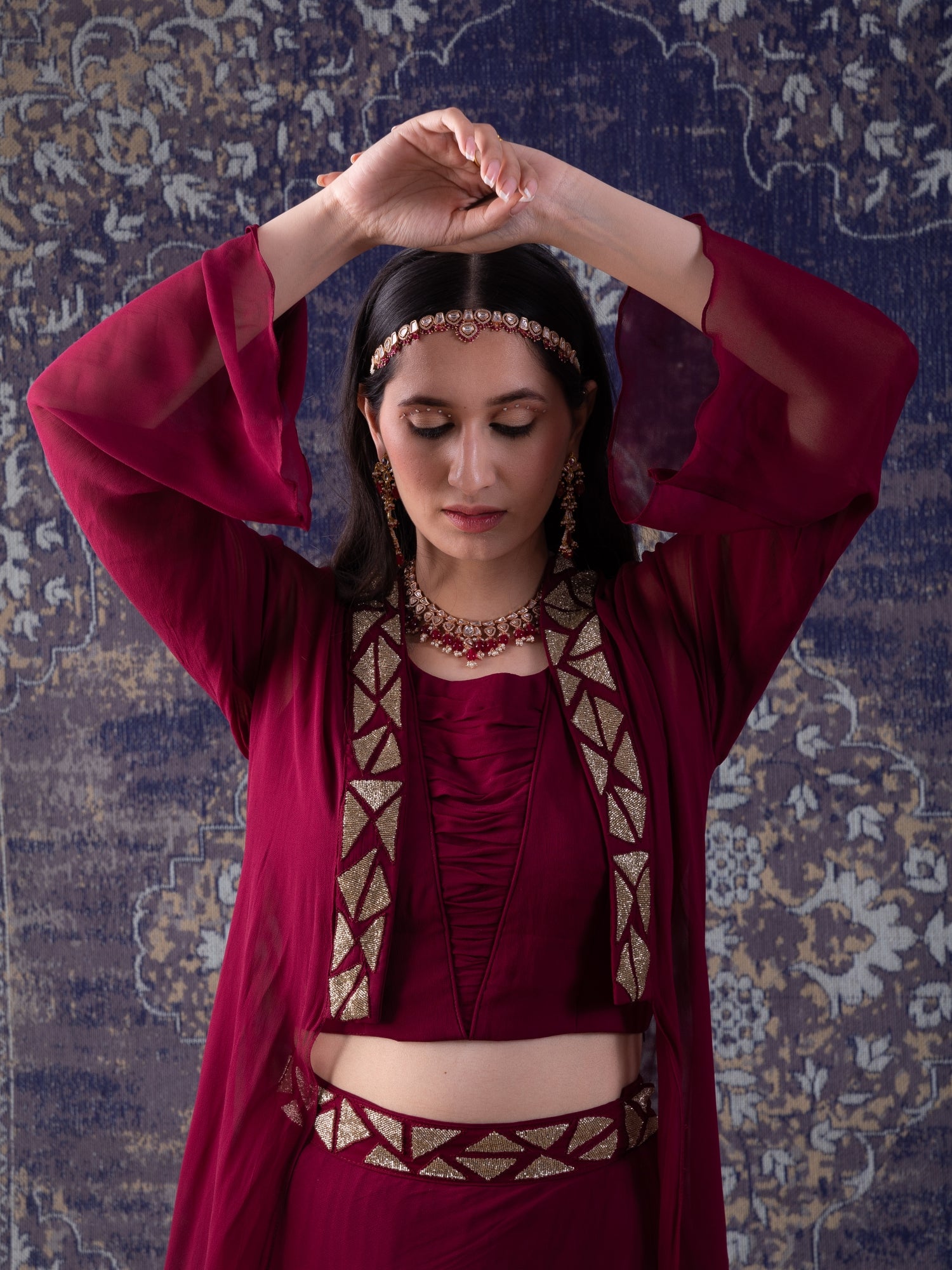 Wine Crop-Top With Embroidered Cape Lehenga Set.