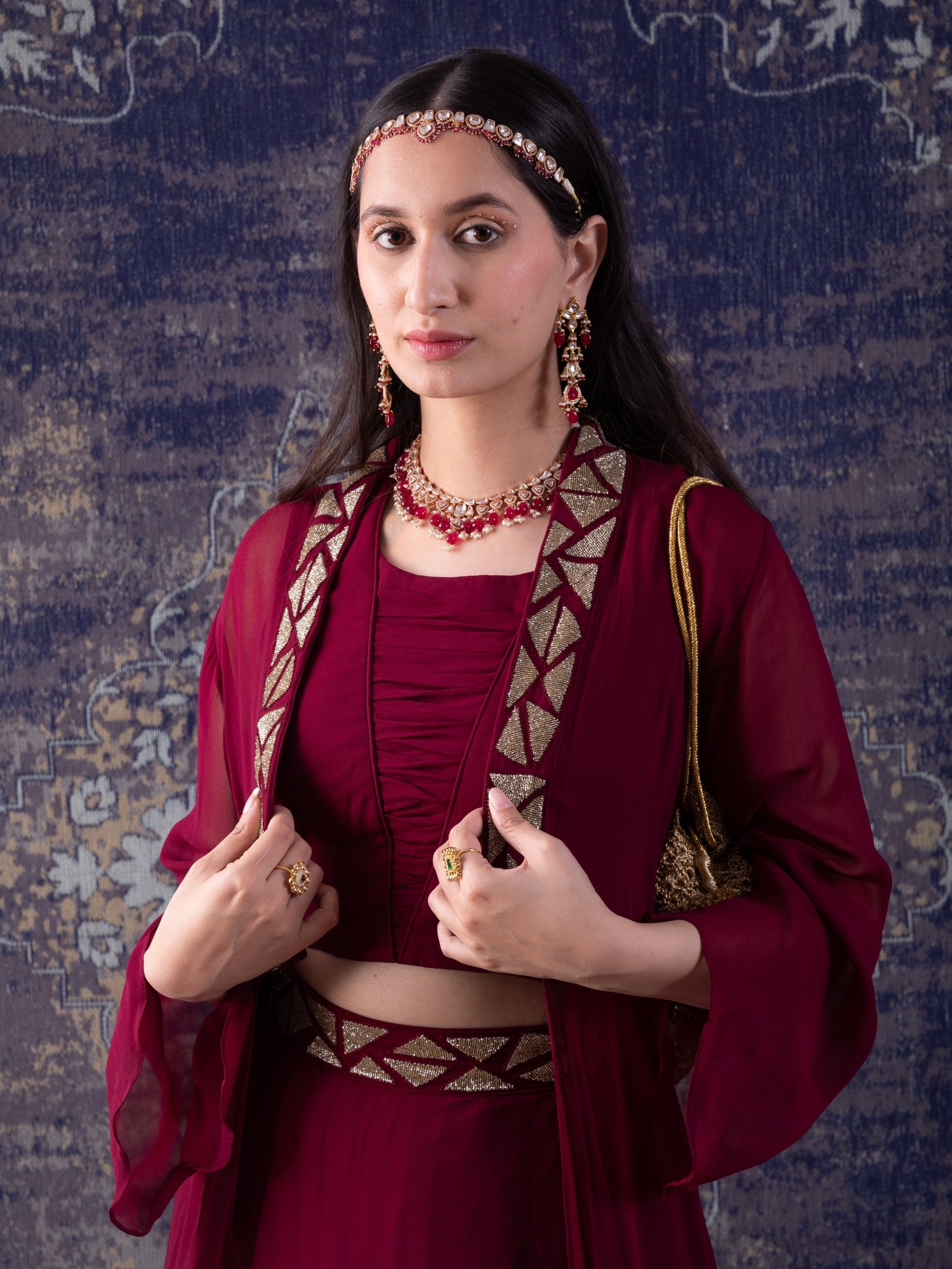 Wine Crop-Top With Embroidered Cape Lehenga Set.
