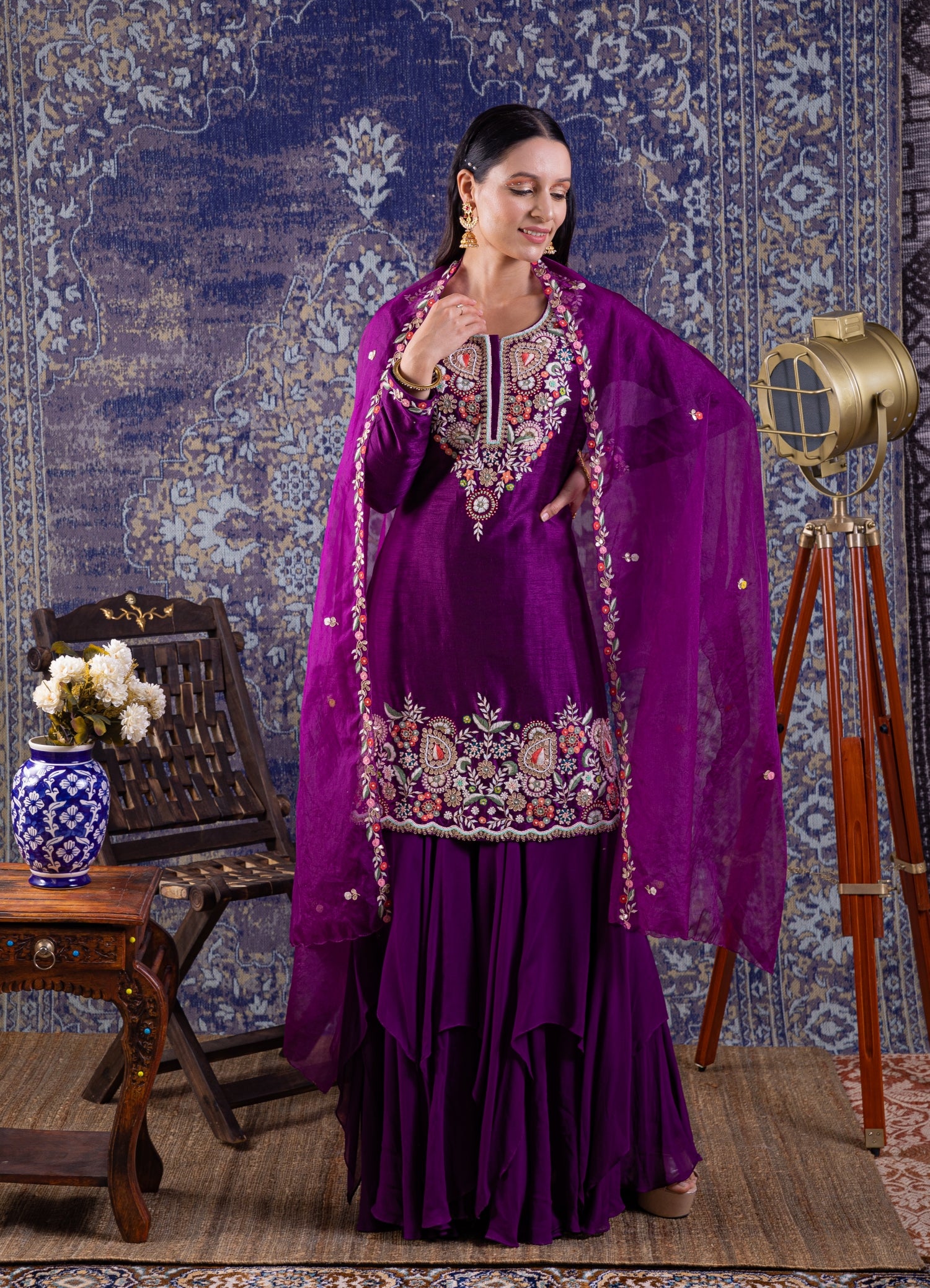Purple Short Kurta With Layered Sharara And Embroidered Dupatta.