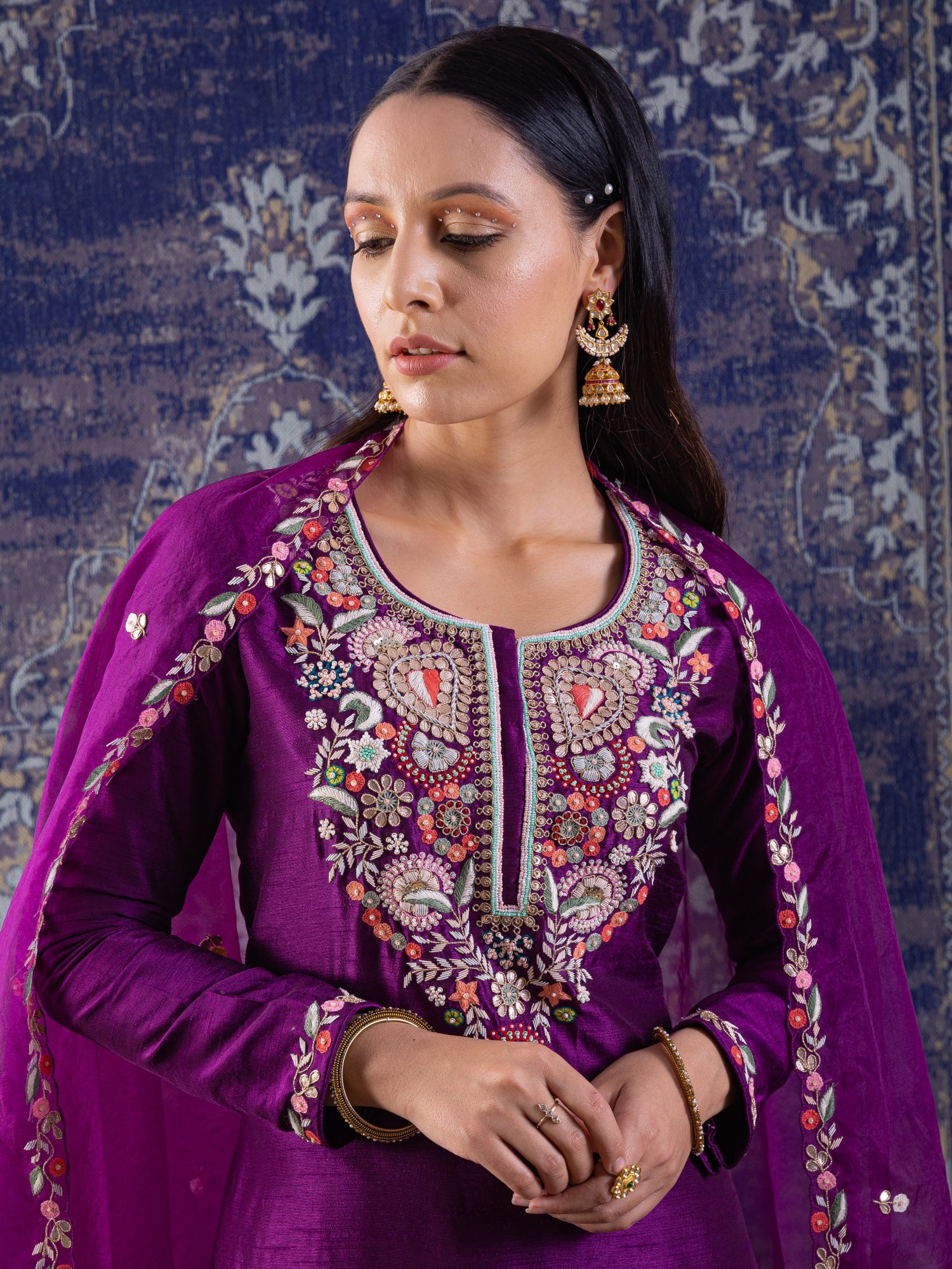 Purple Short Kurta With Layered Sharara And Embroidered Dupatta.