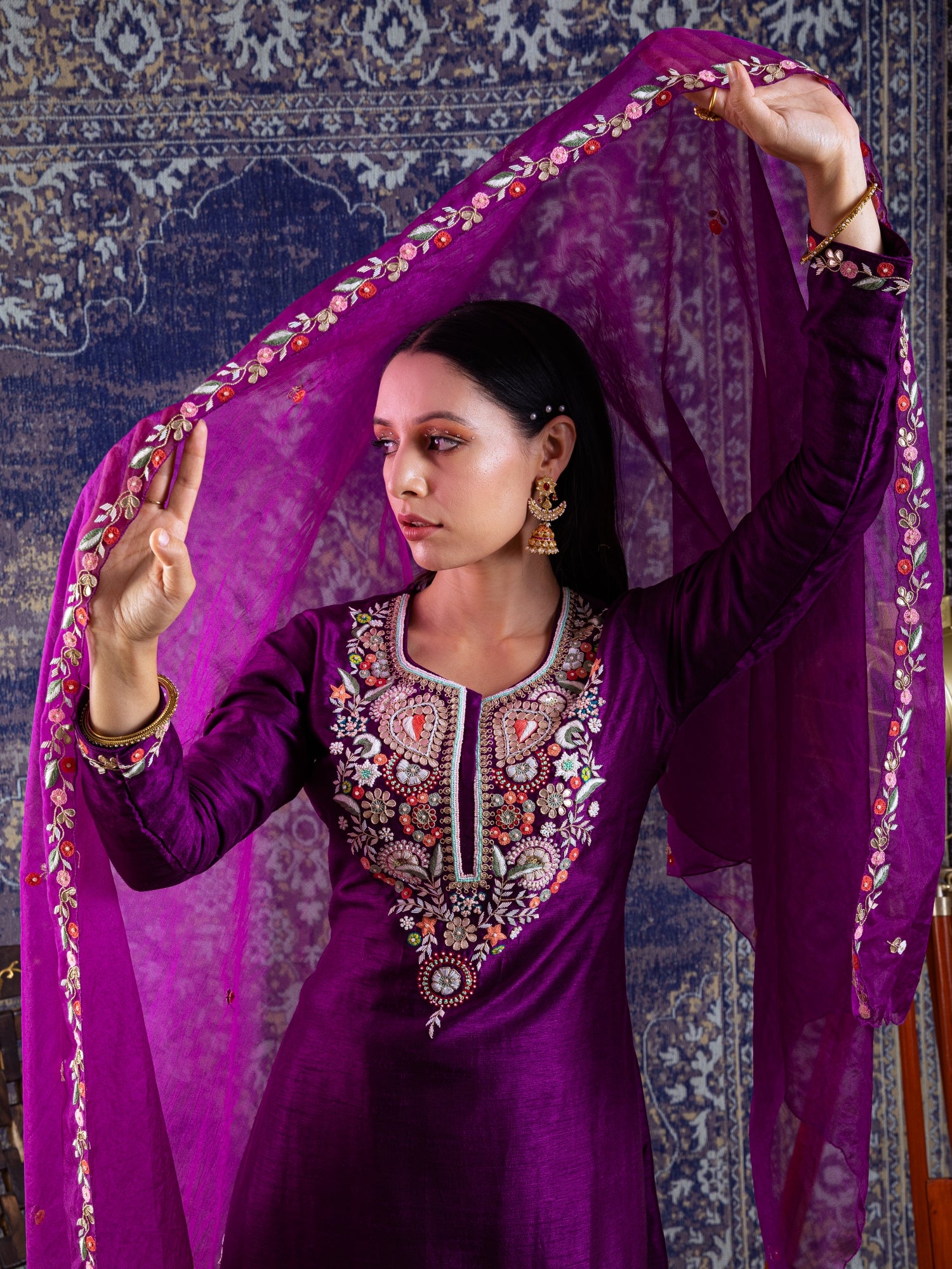 Purple Short Kurta With Layered Sharara And Embroidered Dupatta.