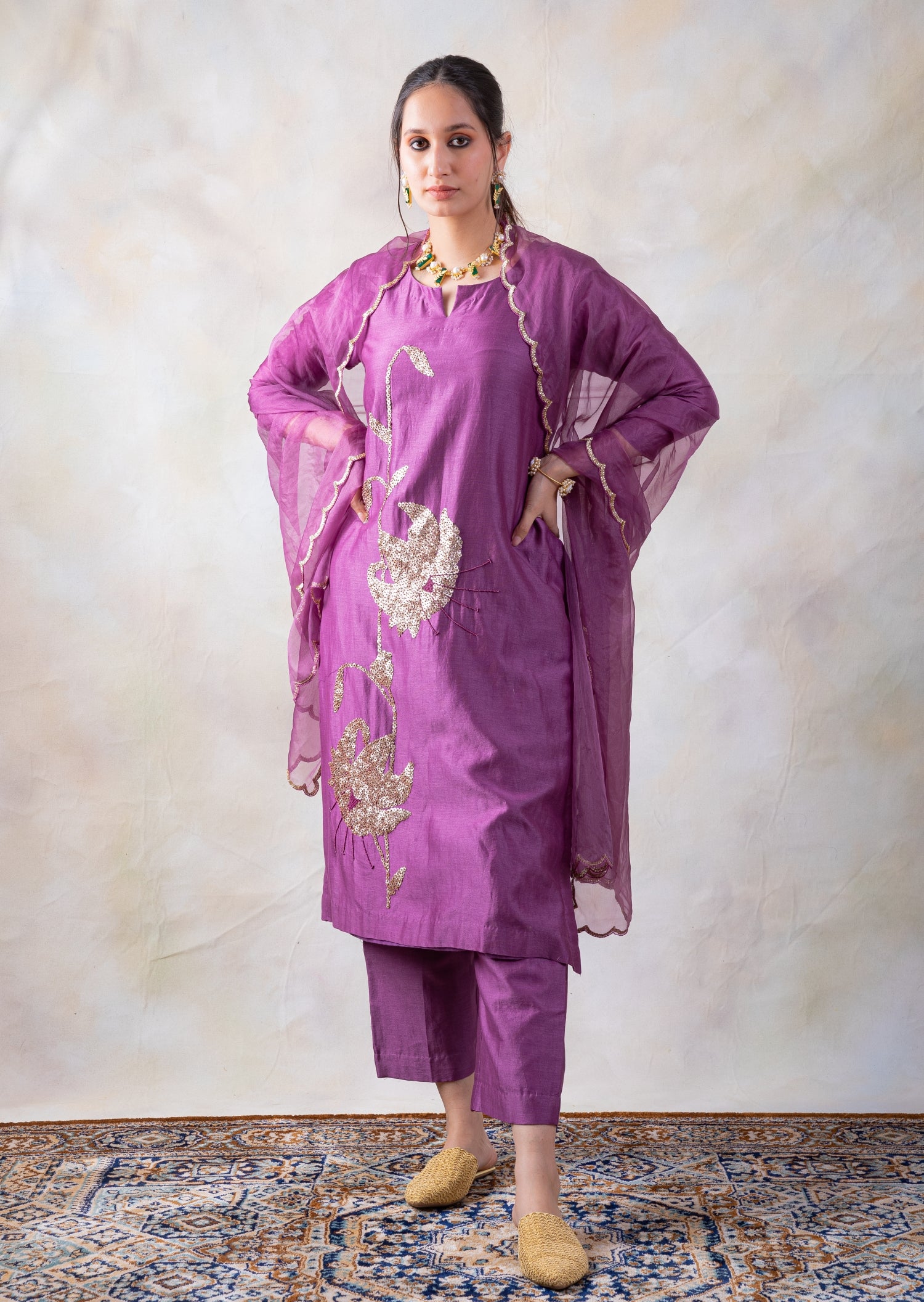Cotton Chanderi Hand Embroidered Kurta With Pants And Organza Dupatta