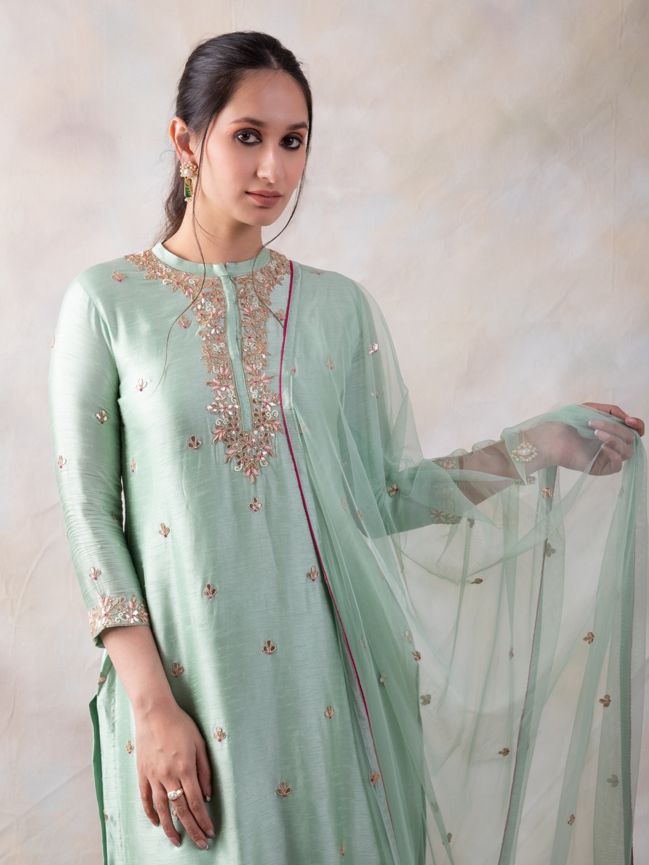 Hand Embroidered Straight Kurta Comes With A Sharara And Dupatta.