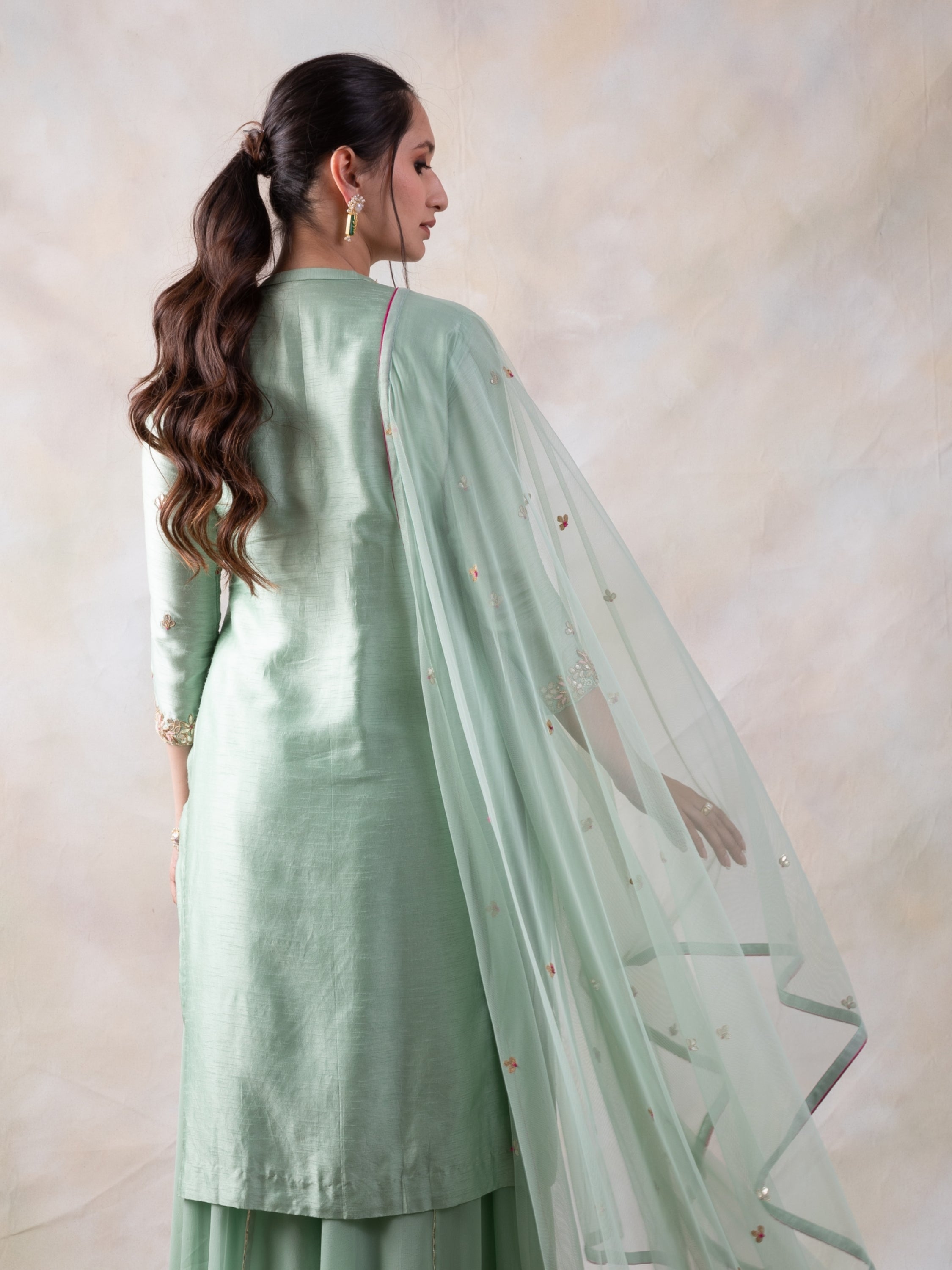 Hand Embroidered Straight Kurta Comes With A Sharara And Dupatta.