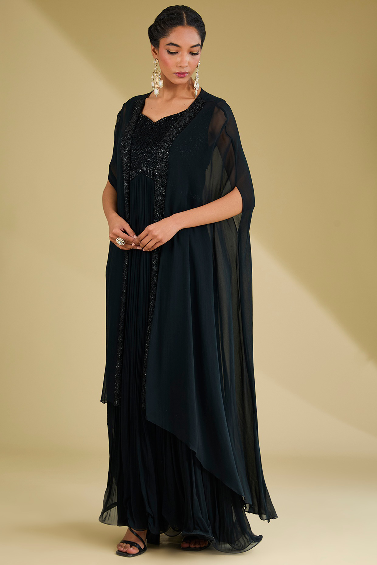 Black Georgette Sequins Embroidered Gown With Jacket
