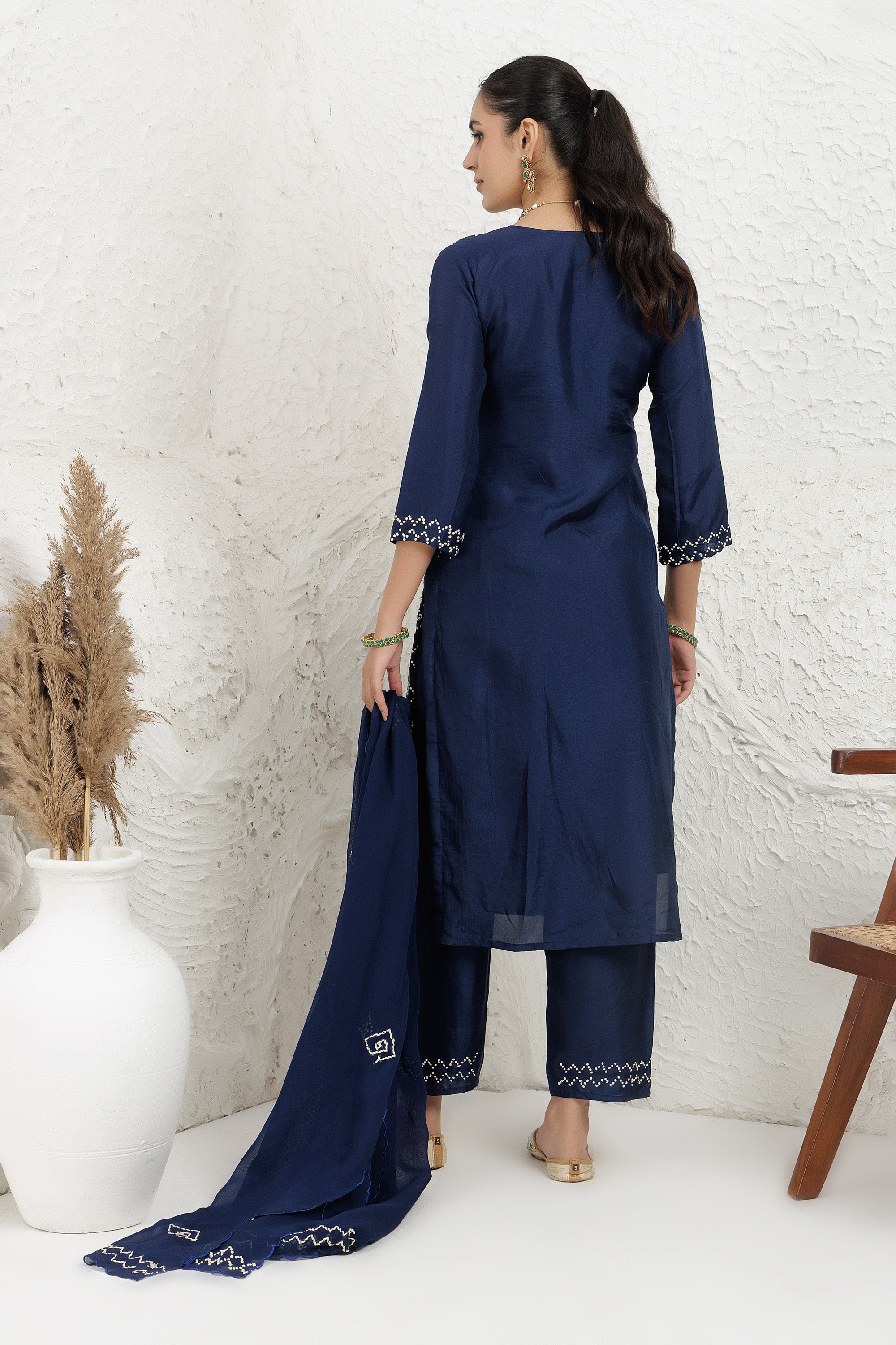 Blue silk Hand french knot Embroidered Kurta Set