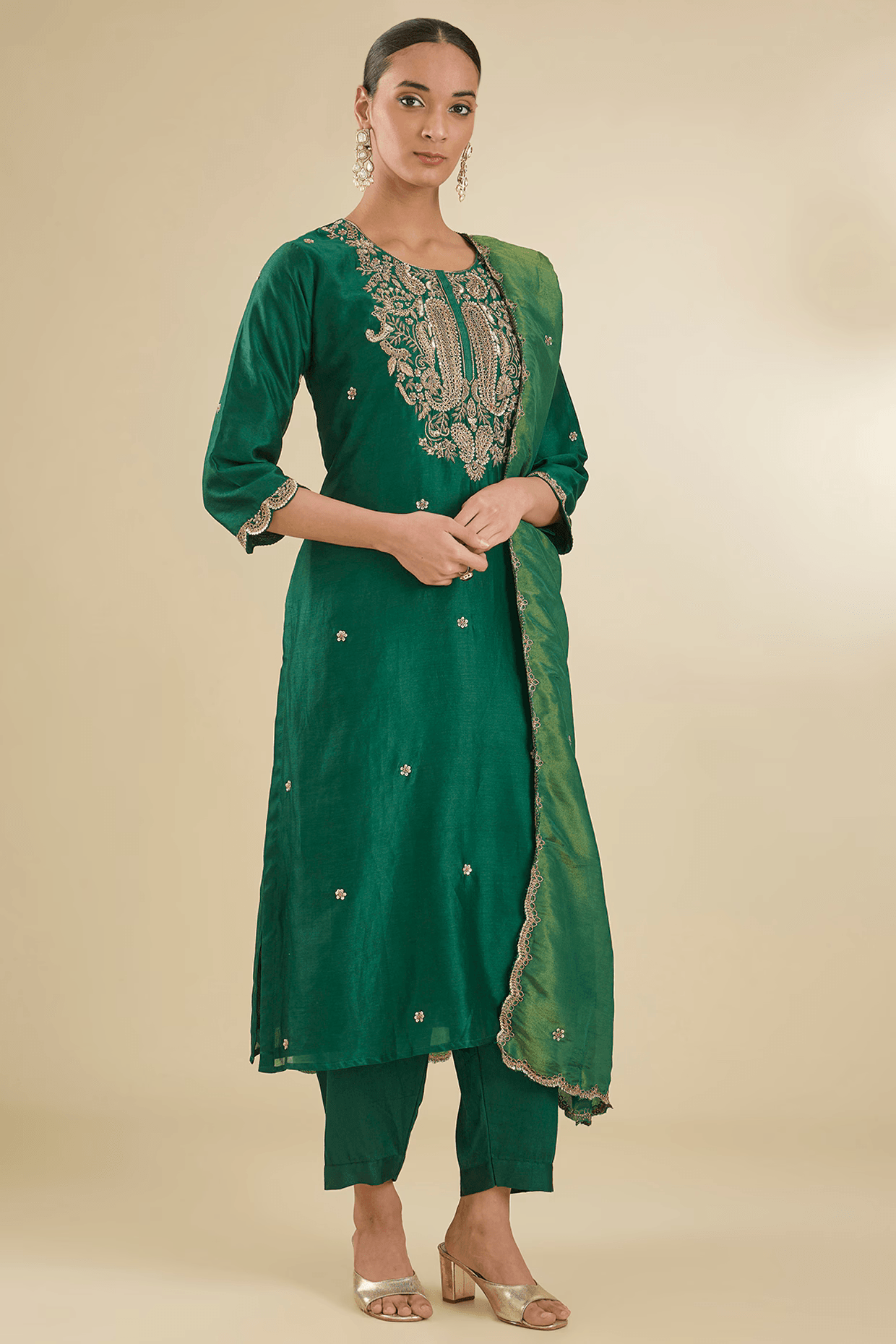 Bottle Green Chanderi Silk Sequins & Dabka Embroidered Kurta Set
