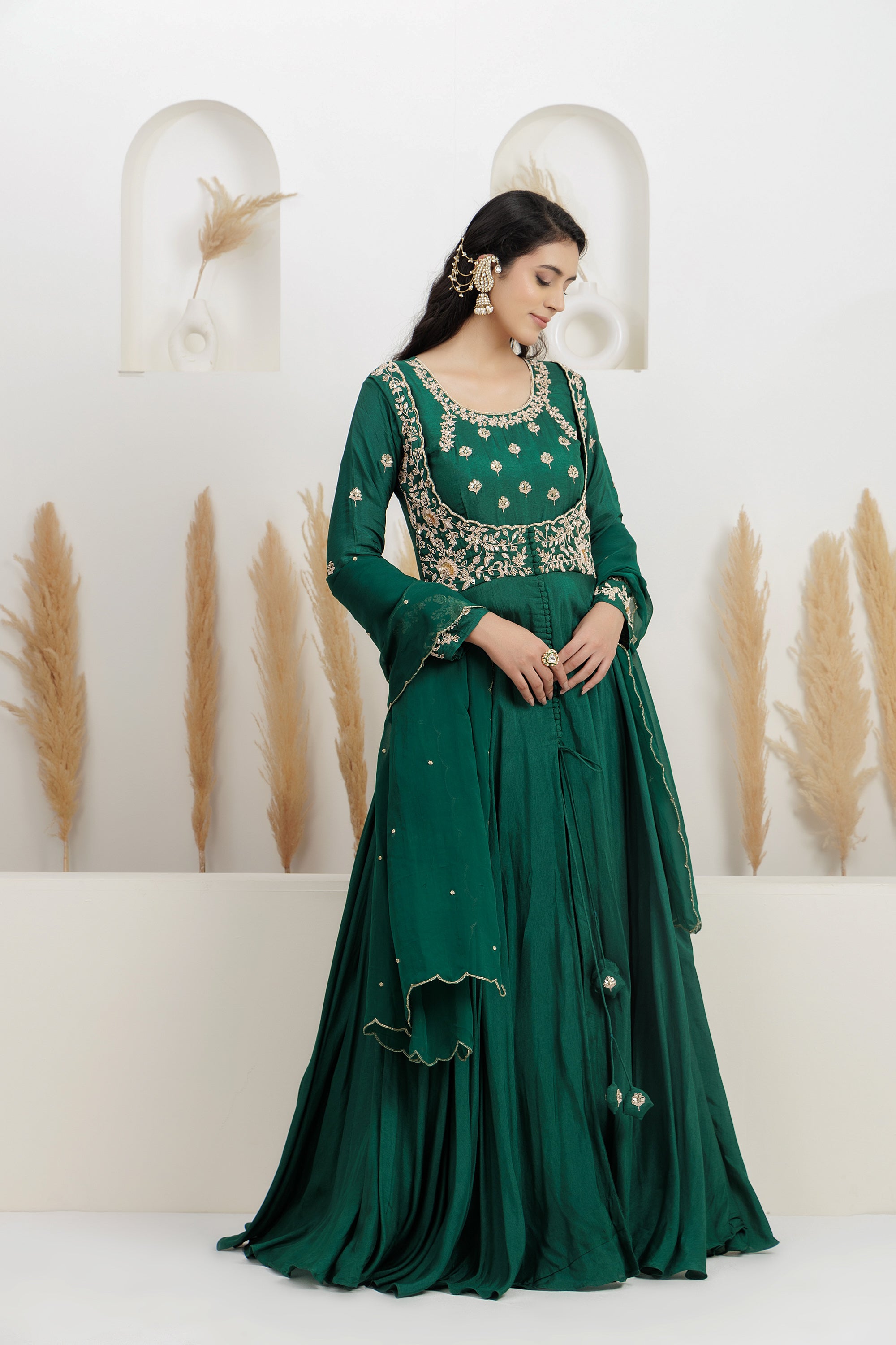 Bottle Green Embroidered front open Anarkali with pants and dupatta.