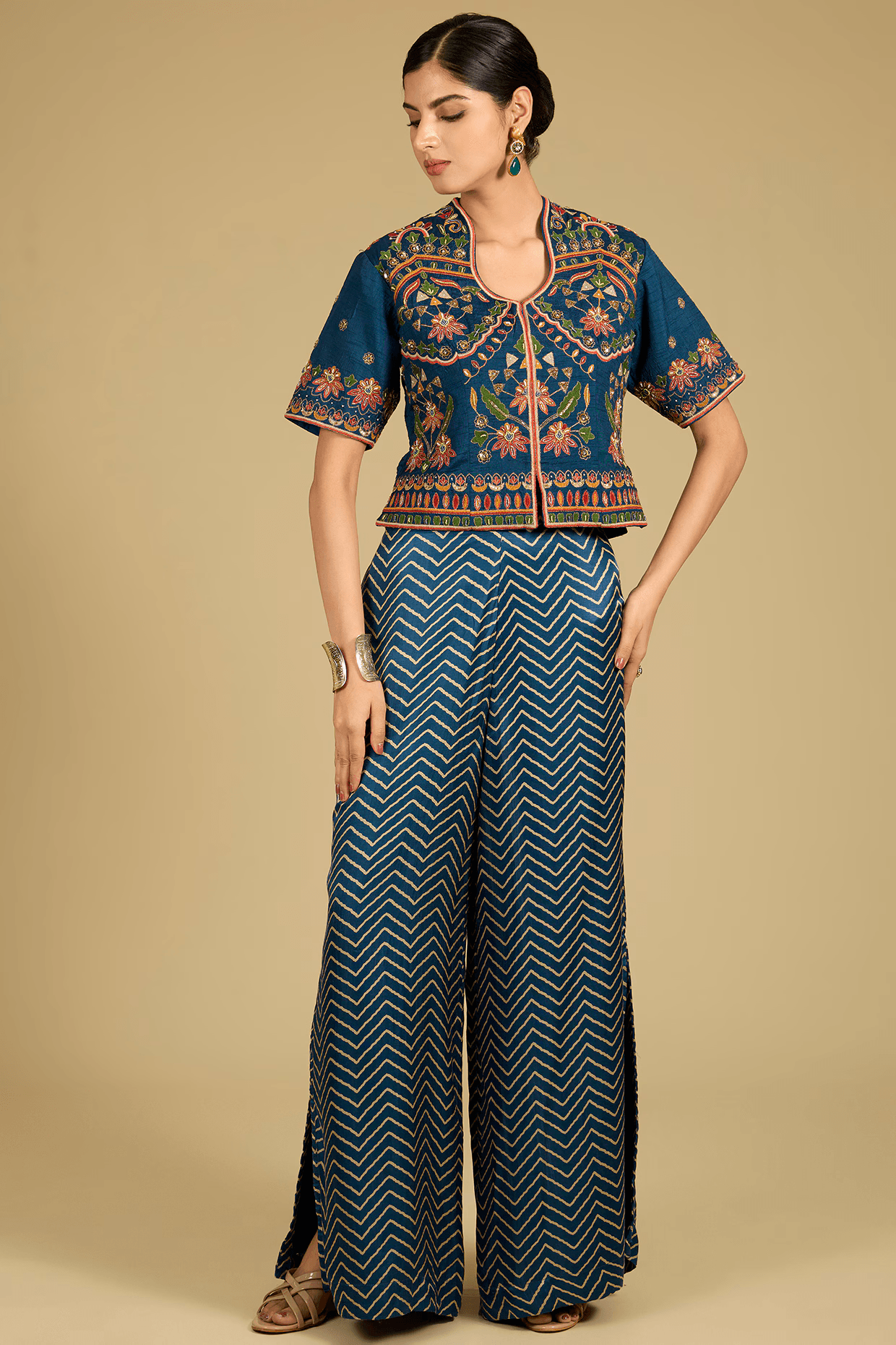 Cobalt Blue Mashru Satin Palazzo Pant Set