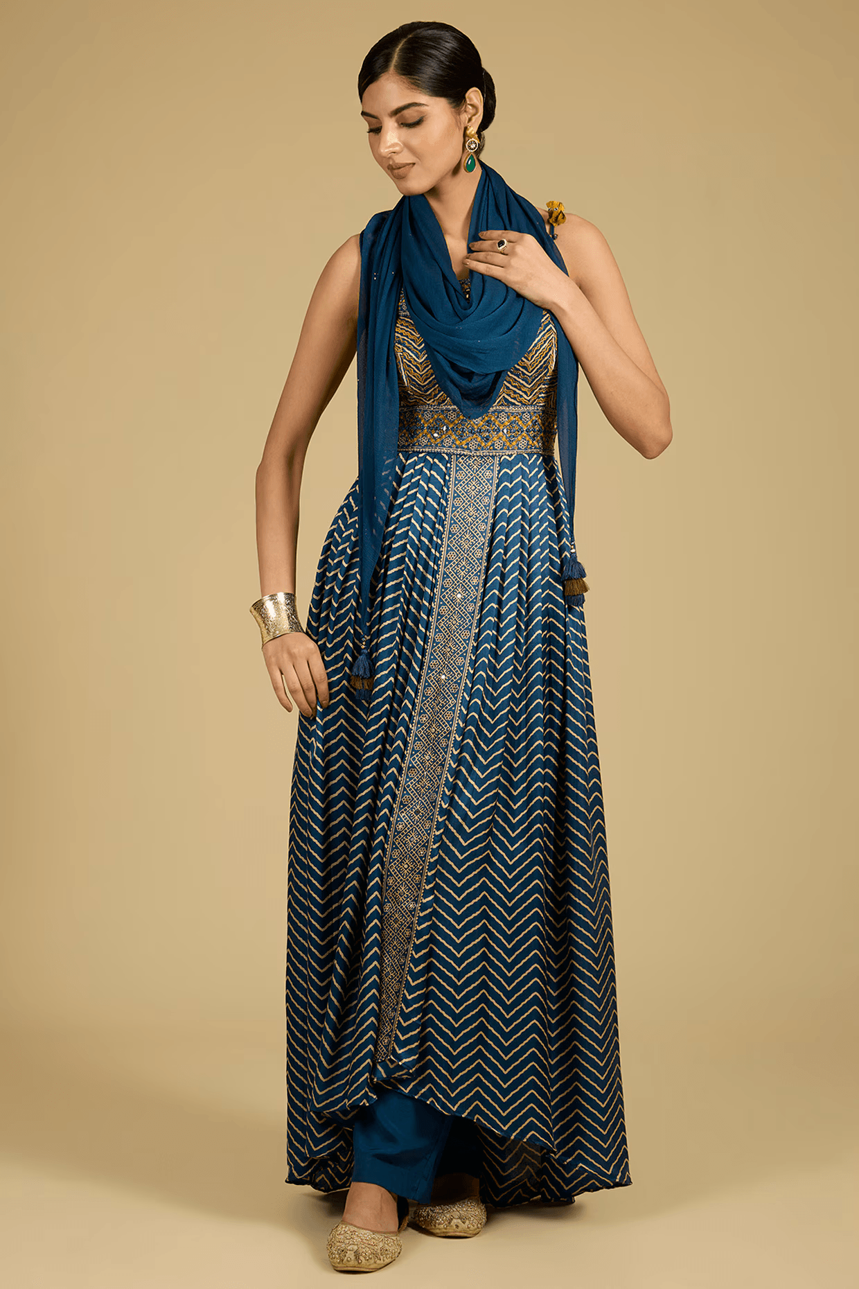 Cobalt Blue Mashru Silk Printed & Mirror Work Anarkali Set