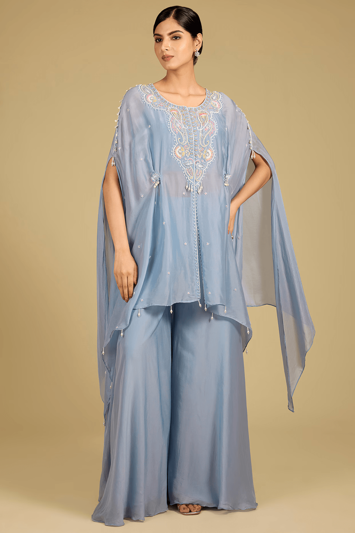 Cornflower Blue Silk Organza Zardosi Work Cape Set