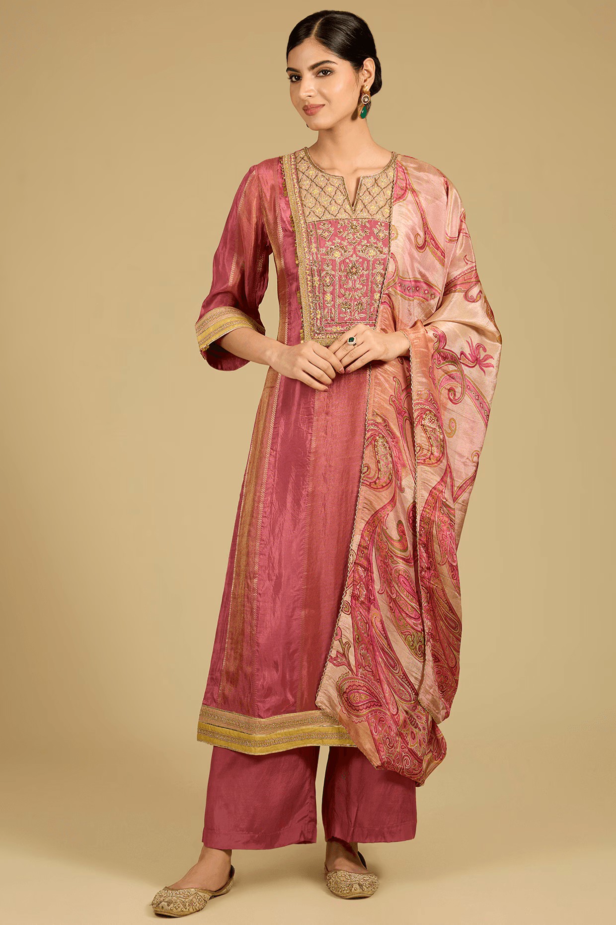 Deep Salmon Pink Shimmer Tissue Zari Work Kurta Set