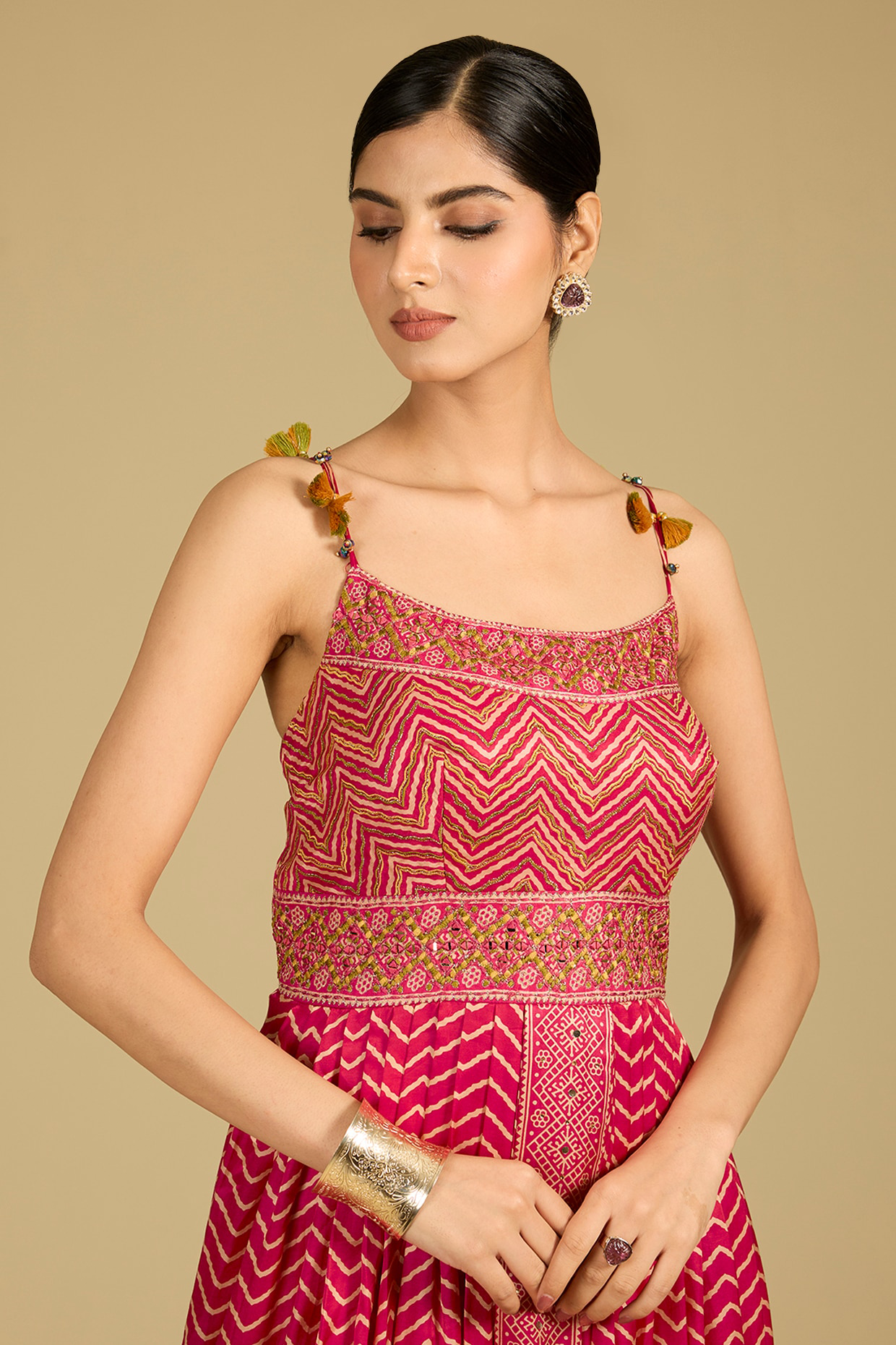 Fuchsia Mashru Silk Printed & Mirror Work Anarkali Set