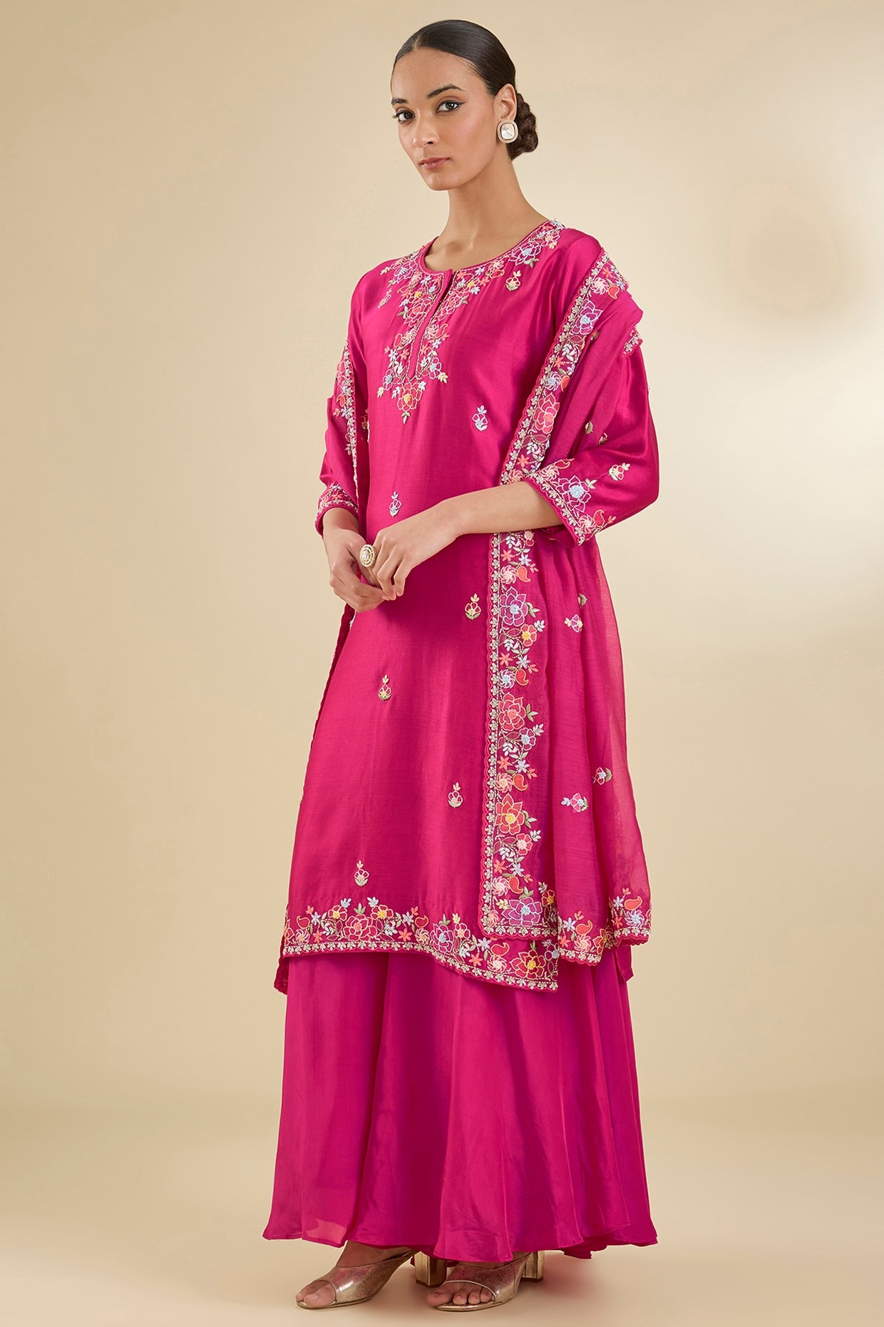 Fuchsia Pink Chanderi Silk Sequins & Bead Embroidered Kurta Set