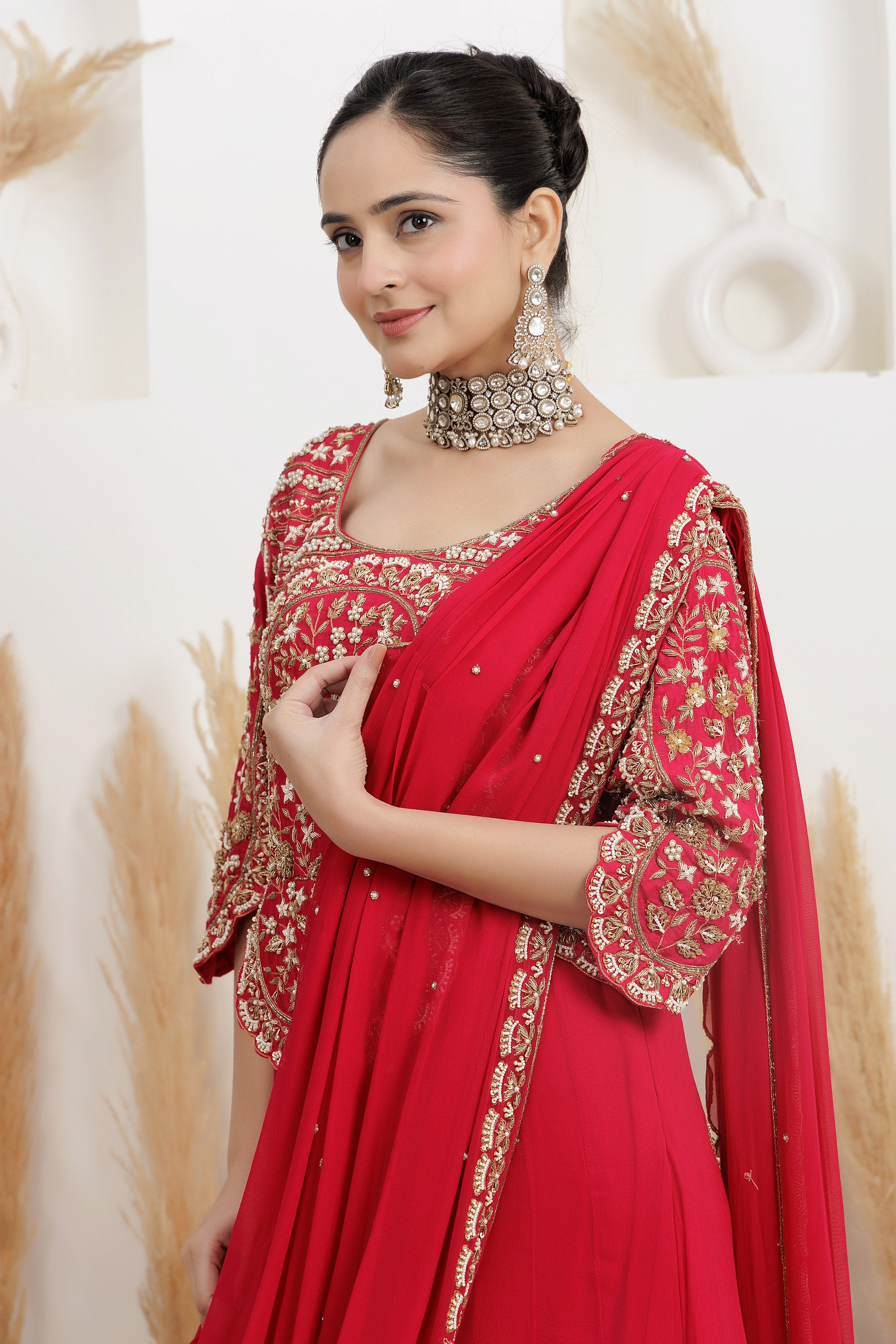 Fuchsia red Draped Gown Saree with Embroidered Sequins