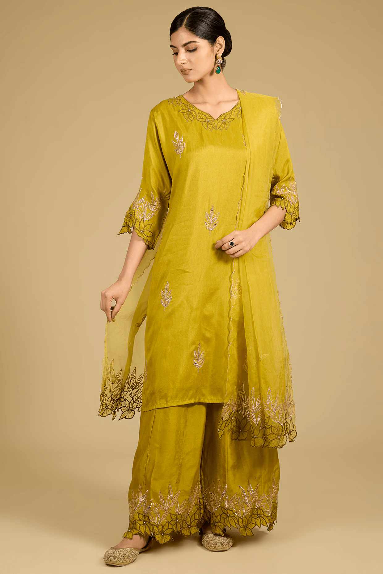 Lime Green Cotton Chanderi Applique Work Kurta Set