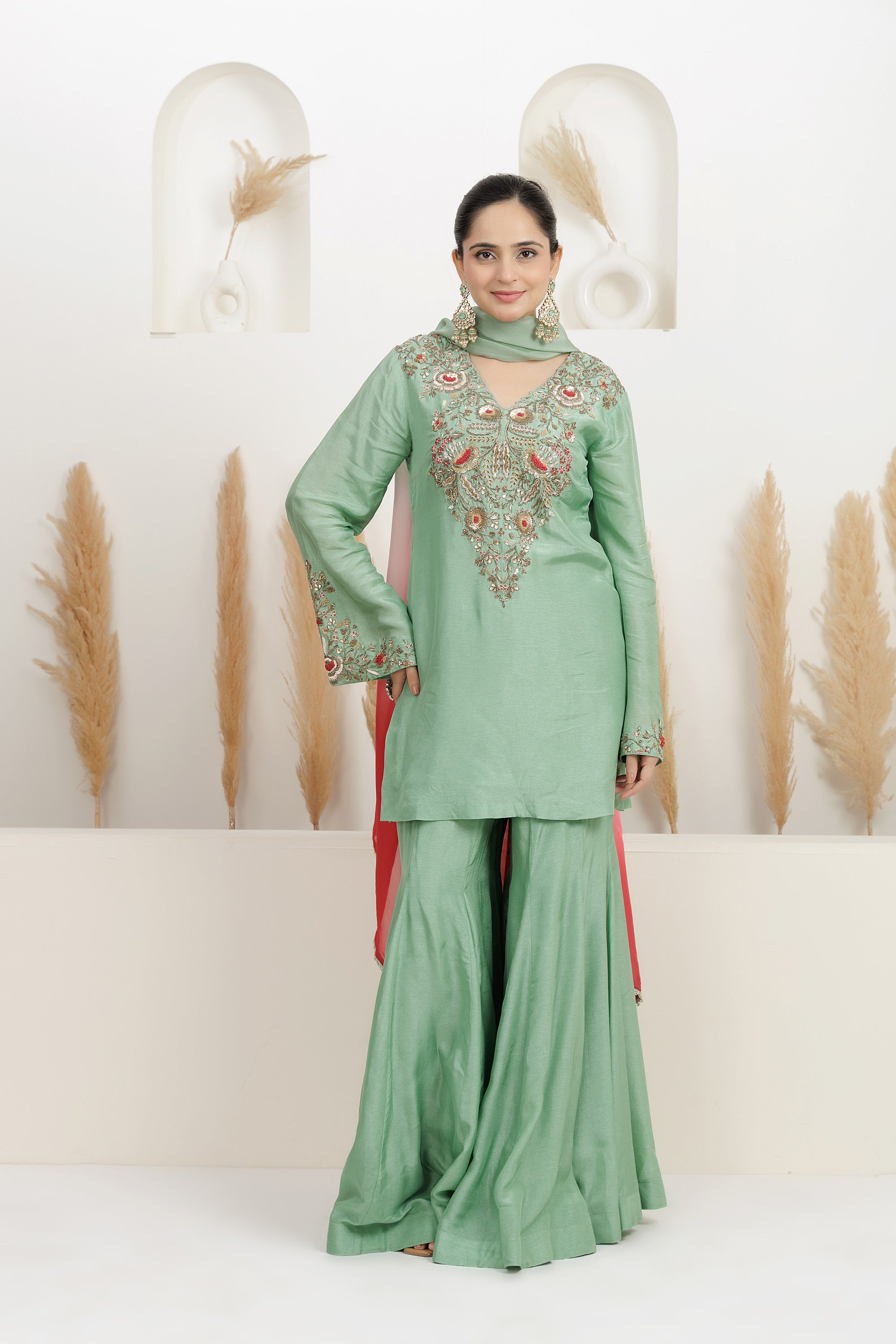 Pure bamber Silk Embroidered Sharara Set