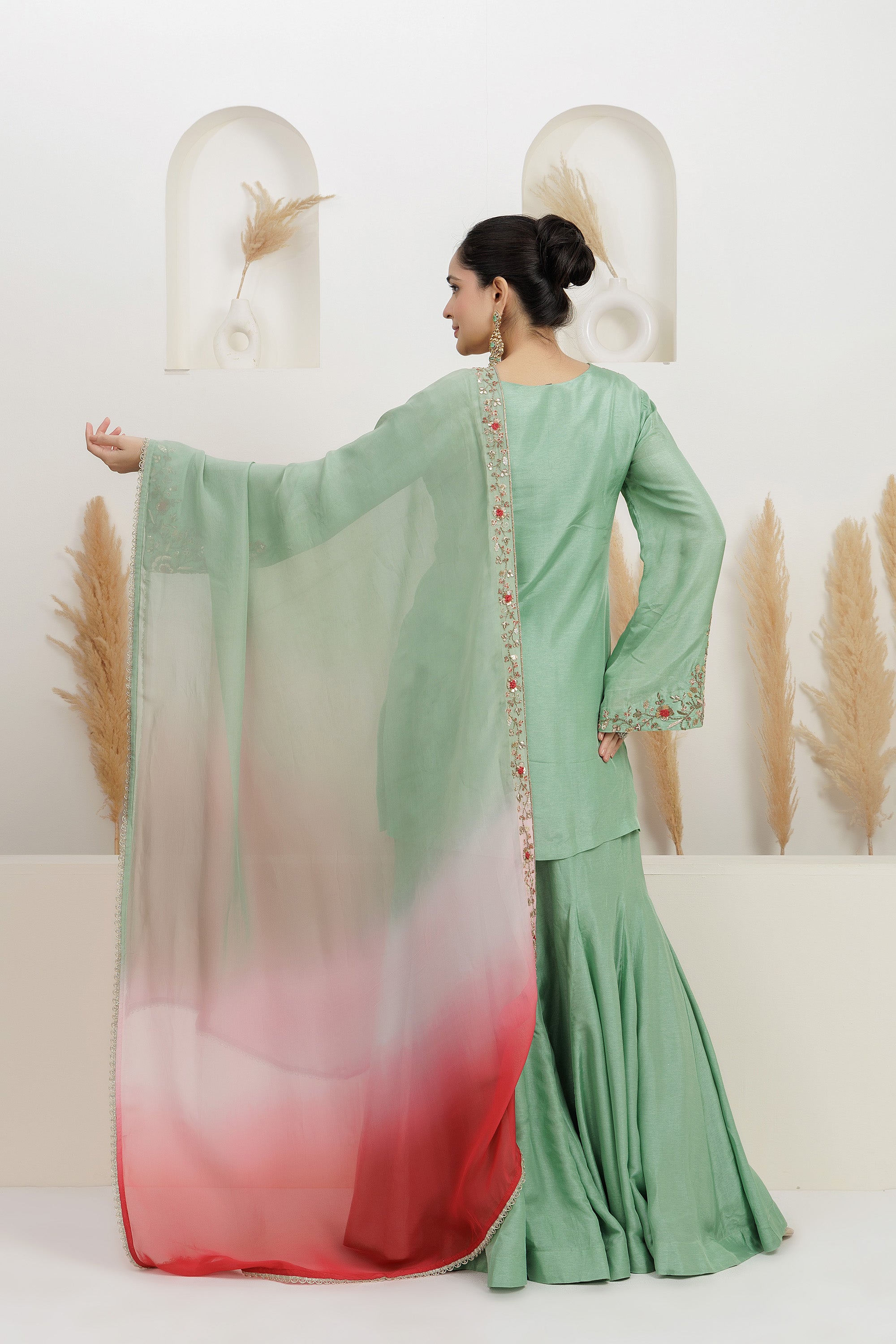 Mint Green Pure Silk Embroidered Sharara Set