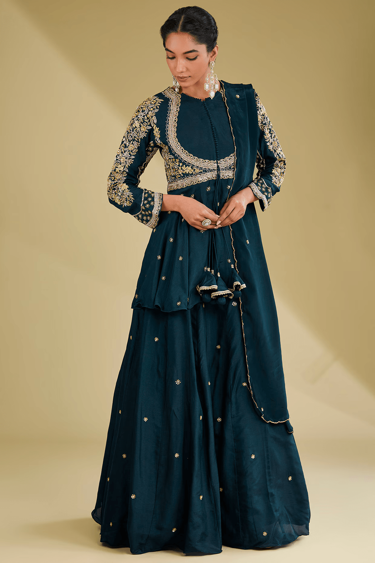 Navy Blue Dupion Silk Cutdana Embroidered Anarkali Set