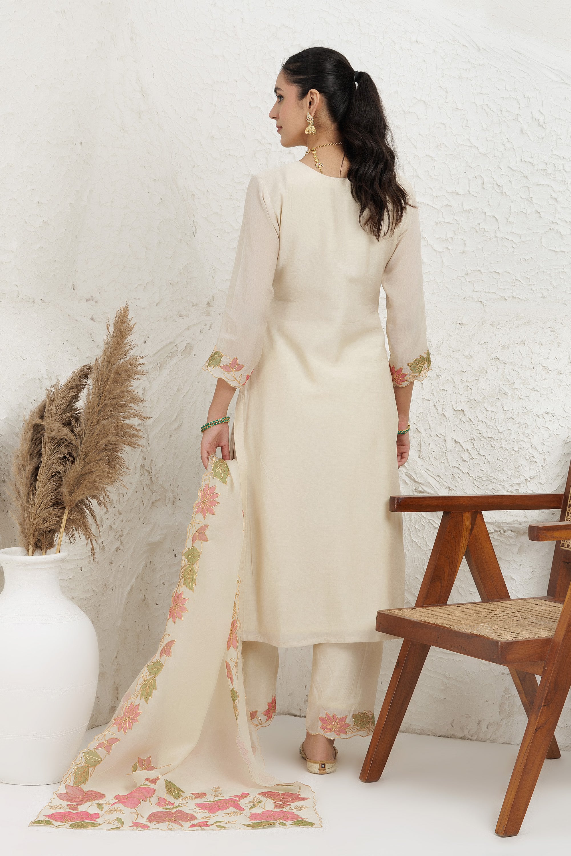 off white Muslin Applique Work Kurta Set