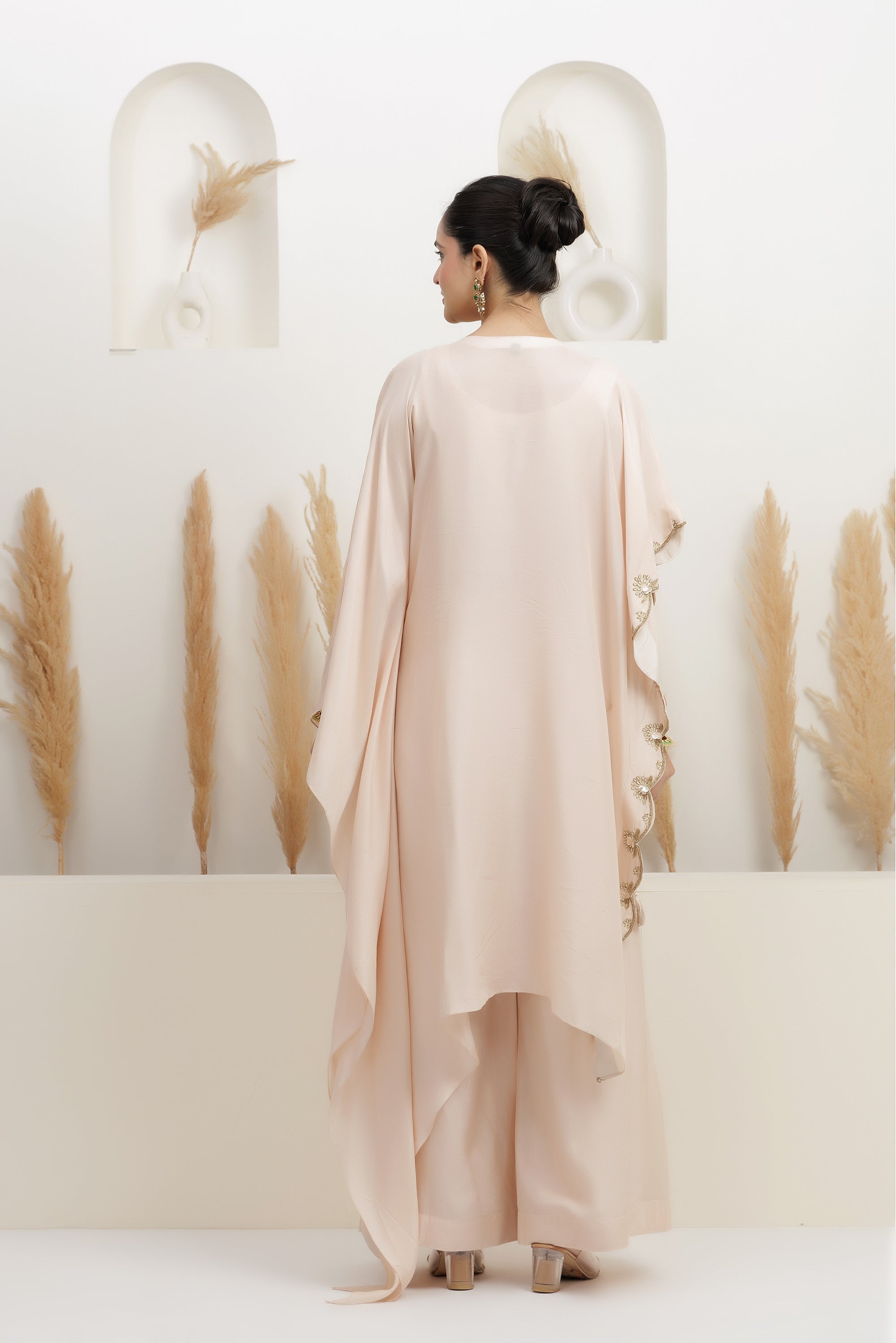 one side kafttan draped long cape with palazzo set.