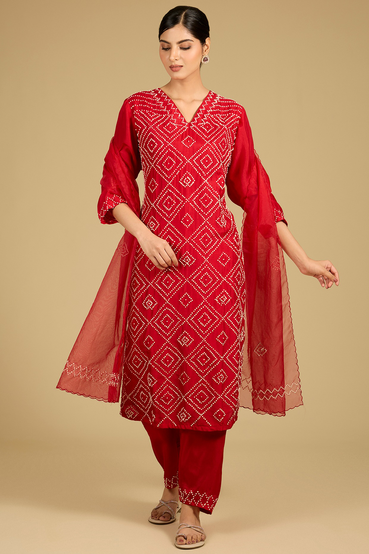 Red Cotton Chanderi Hand Embroidered Kurta Set
