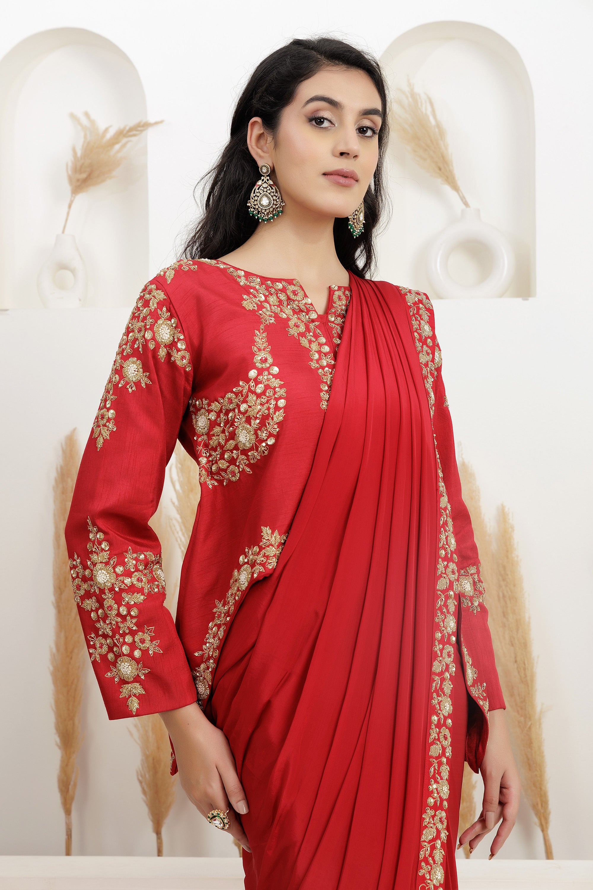 Red Crepe Draped Saree