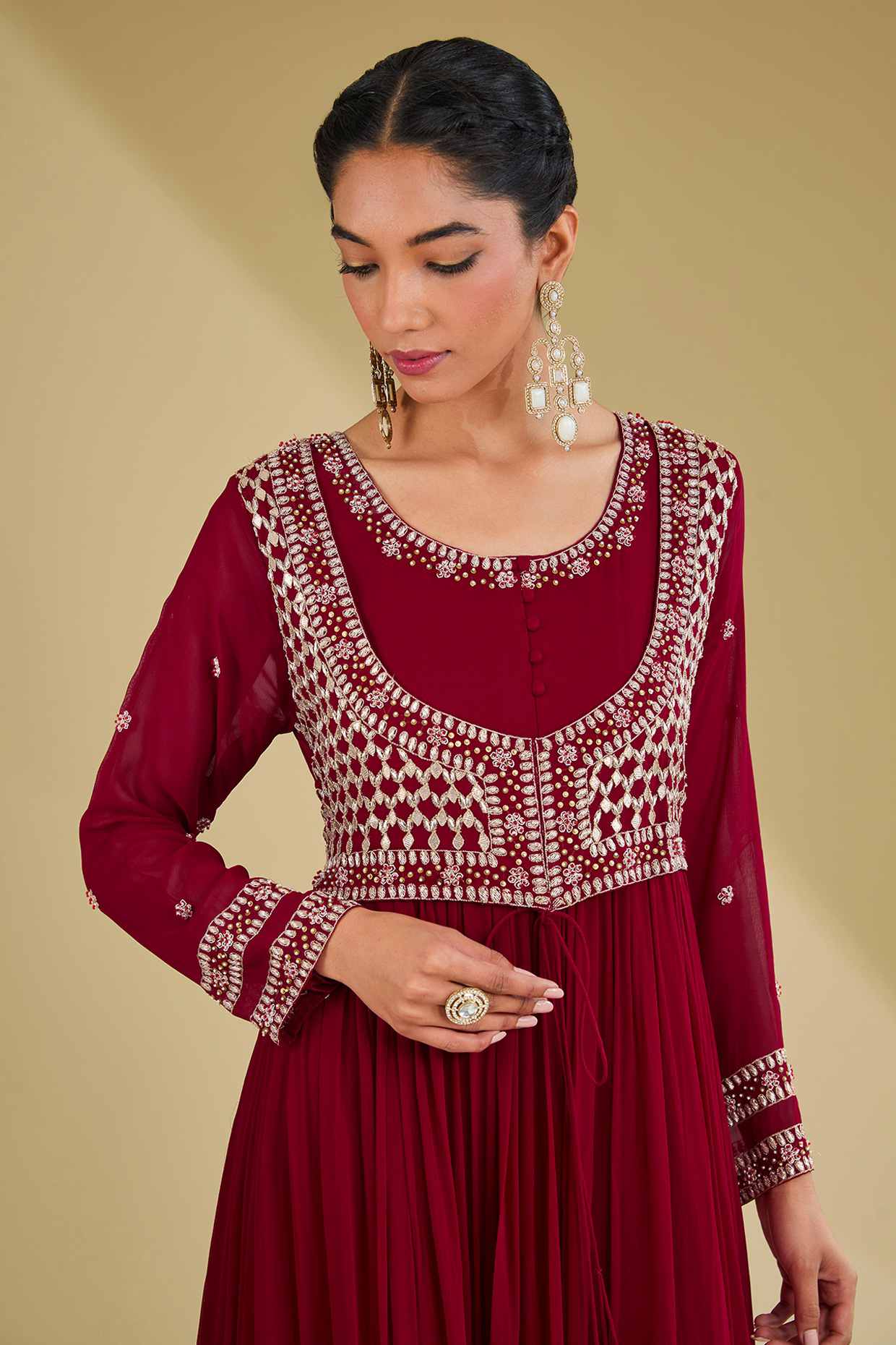 Red Georgette Resham & Dabka Embroidered Tiered Anarkali
