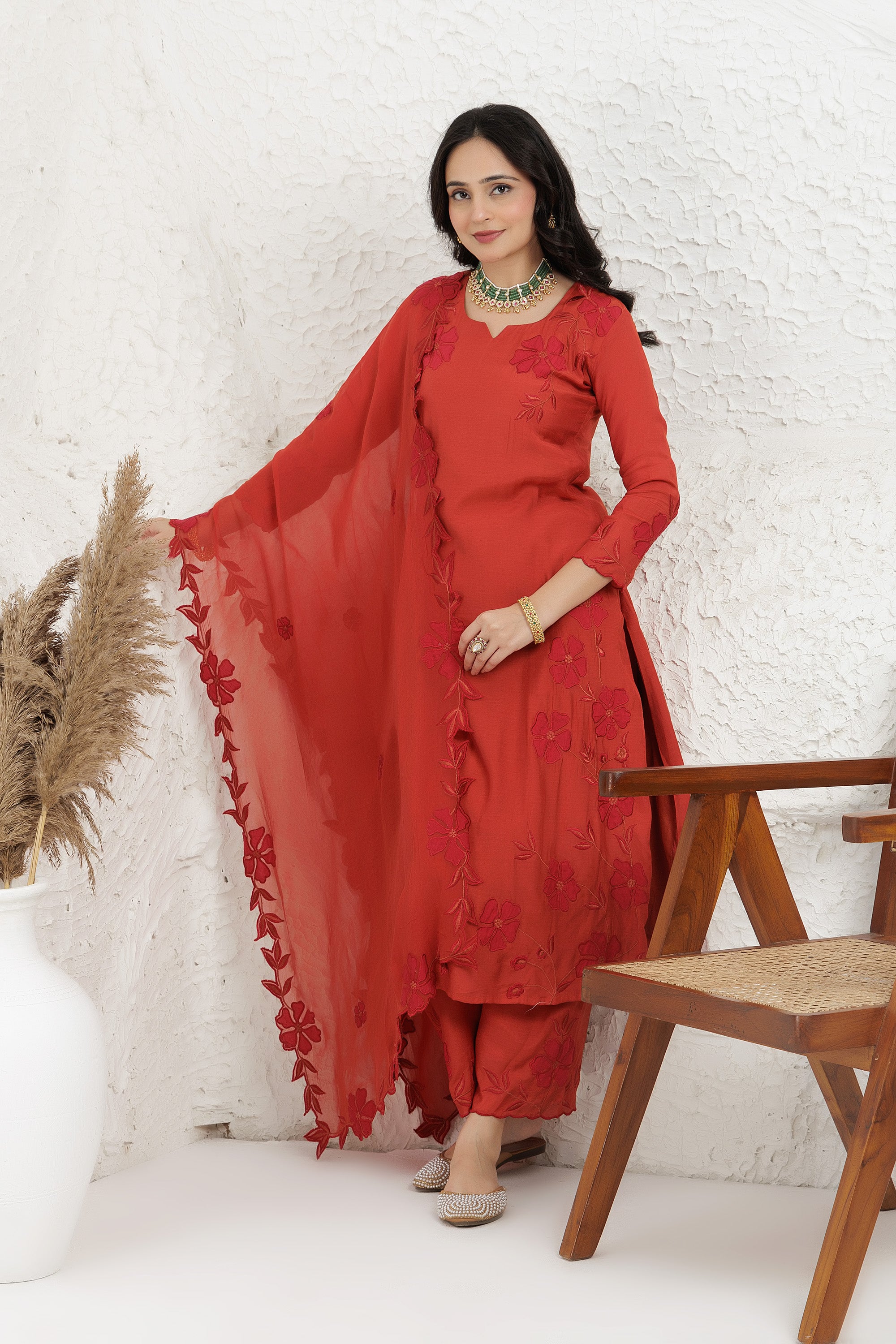 Rust silk muslin Applique Work Kurta Set
