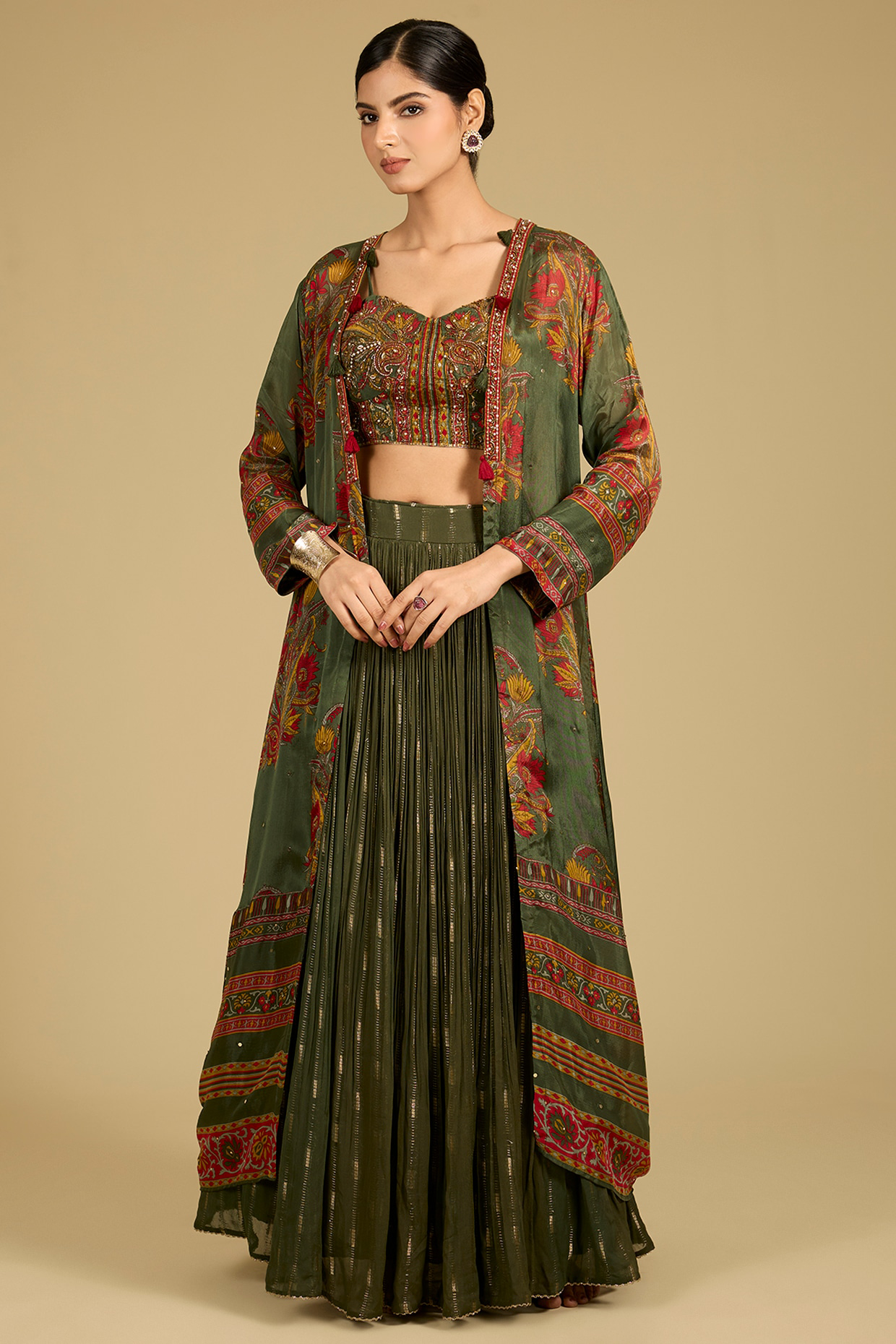 Sage Green Chinon Georgette Printed Jacket Set