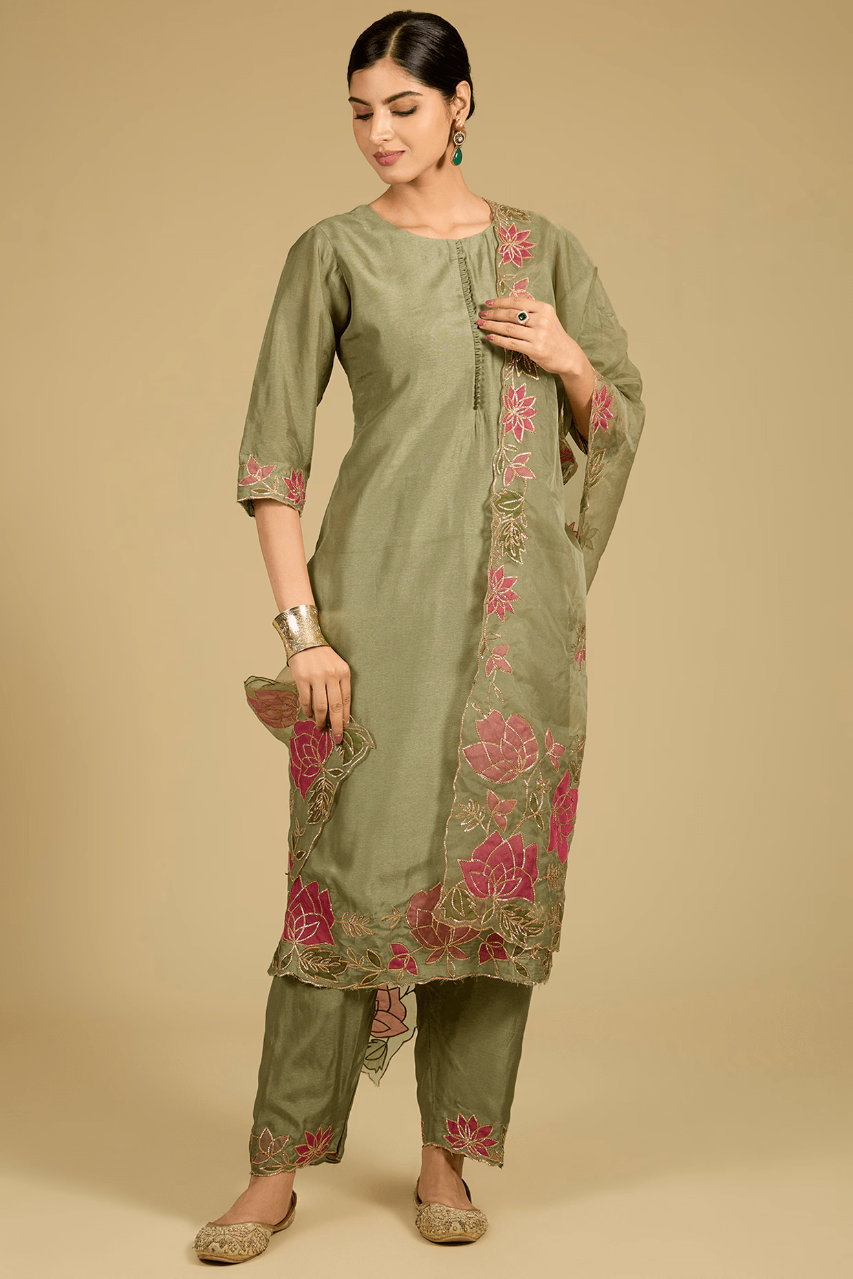 Sage Green Cotton Chanderi Applique Work Kurta Set