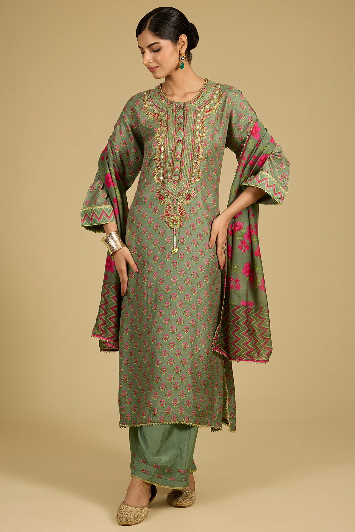 Sage Green Dola Silk Sequins Work & Printed Kurta Set