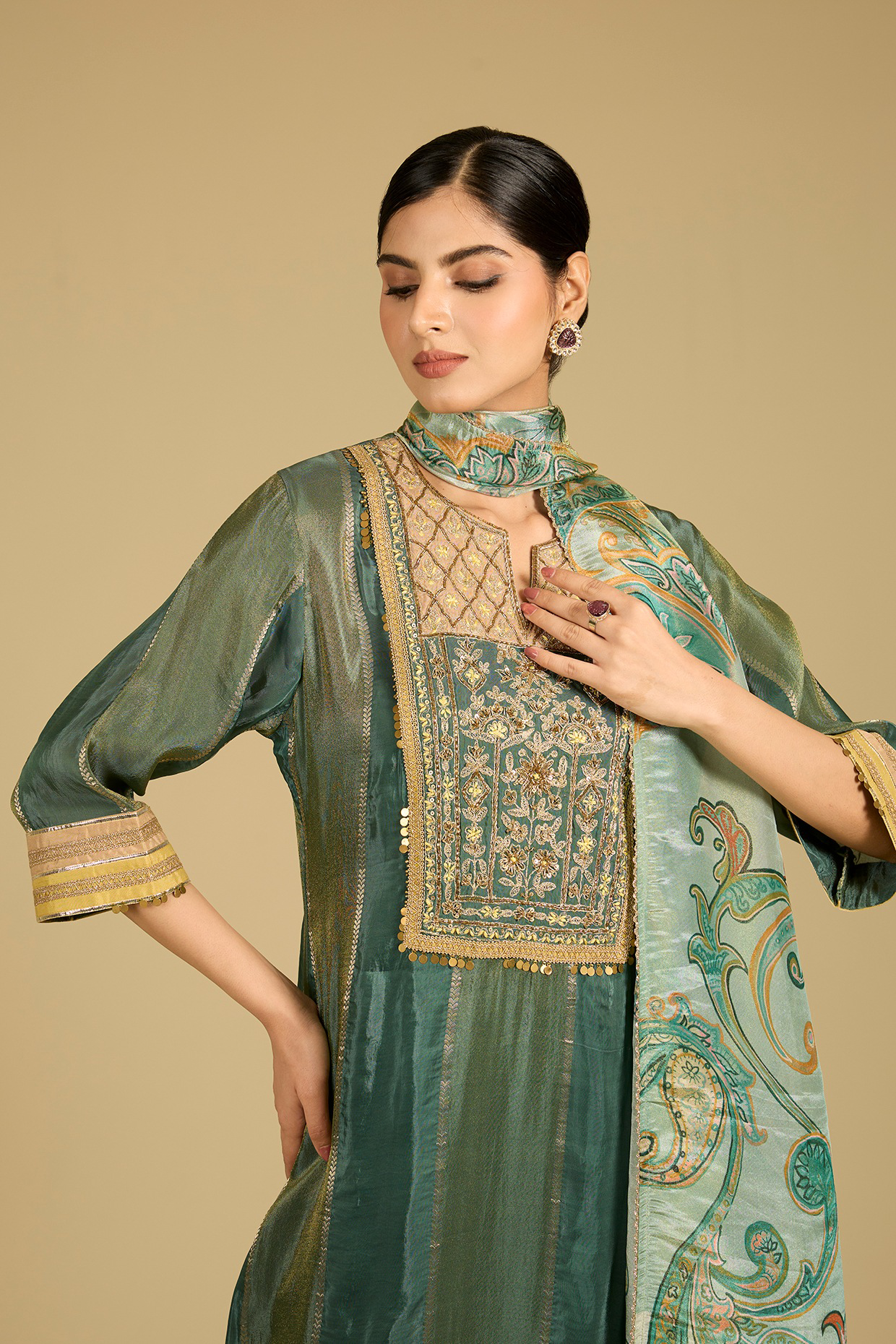 Sage Green Shimmer Tissue Sequins Work Kurta Set