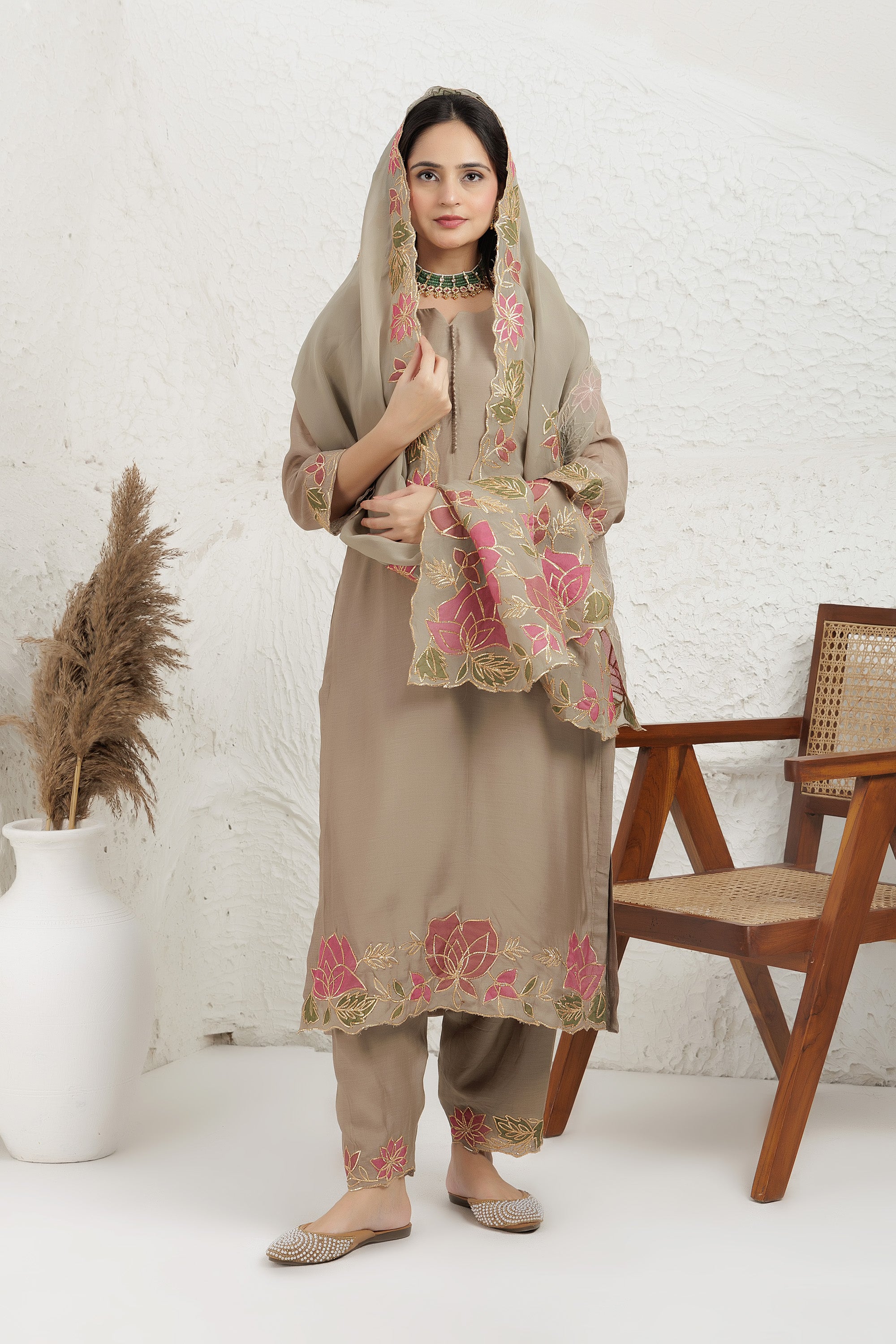 Sage Green Silk Muslin Applique Work Kurta Set