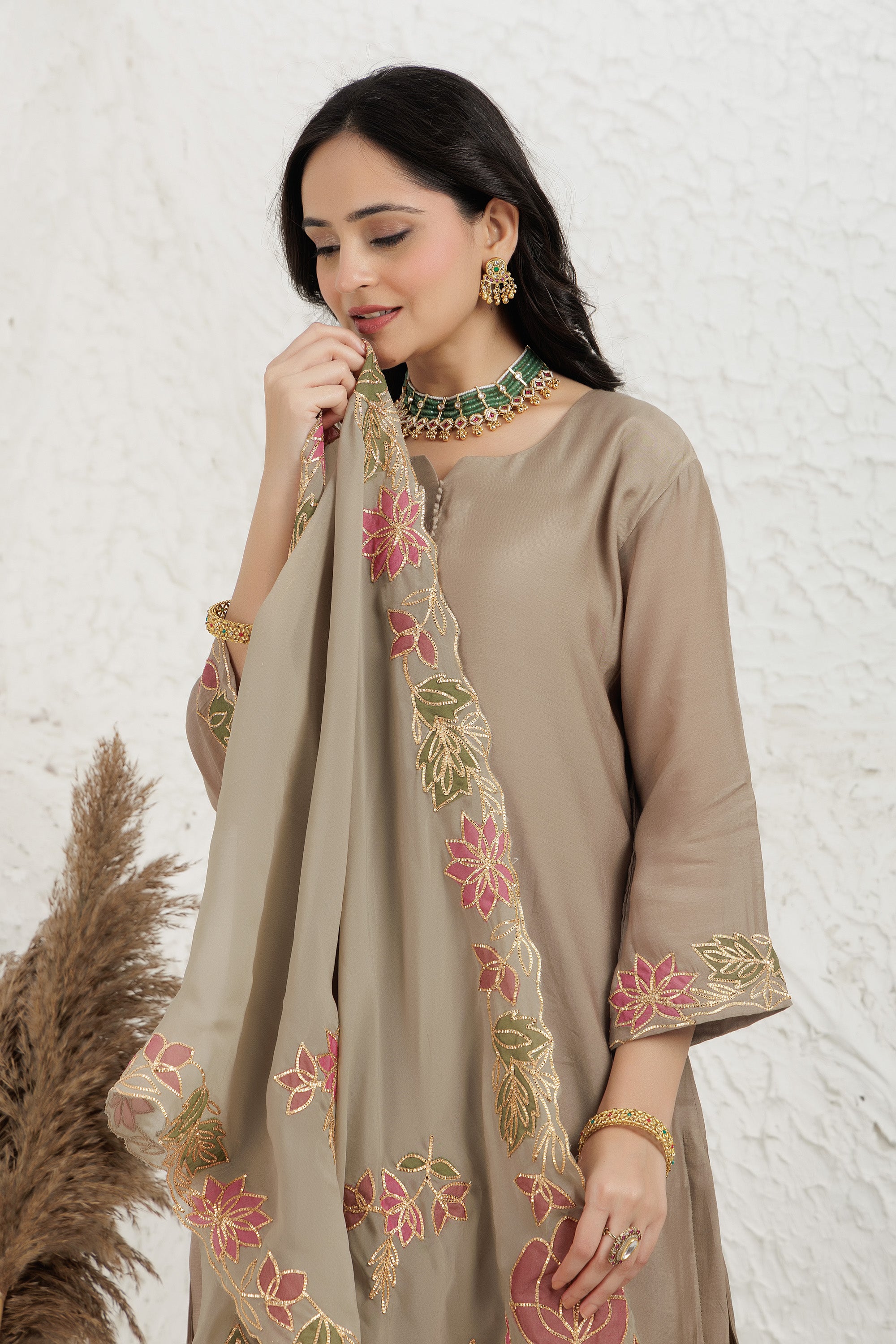 Sage Green Silk Applique Work Kurta Set