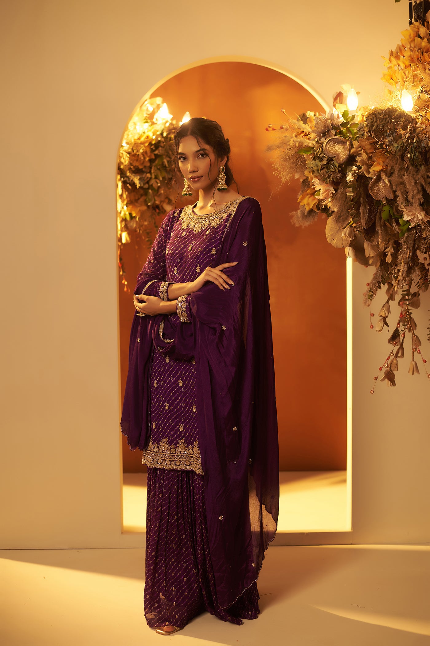 Deep Purple Suit with Sharara and Dupatta.