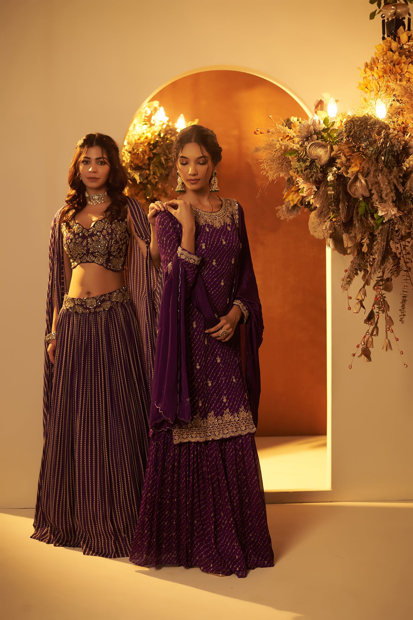 Deep Purple Suit with Sharara and Dupatta.