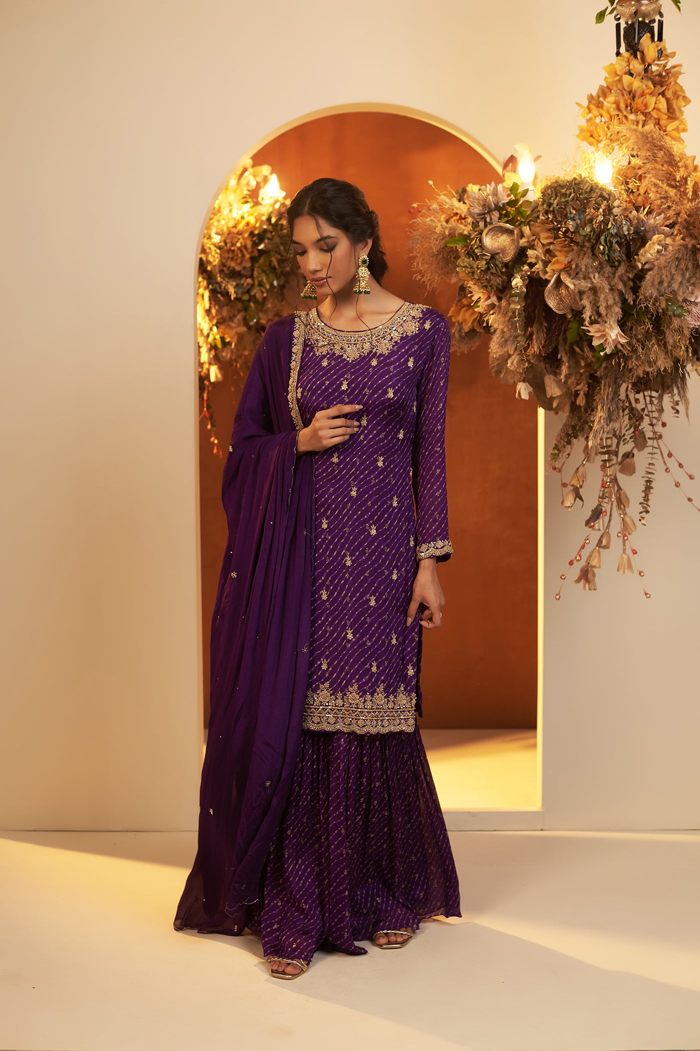 Deep Purple Suit with Sharara and Dupatta.