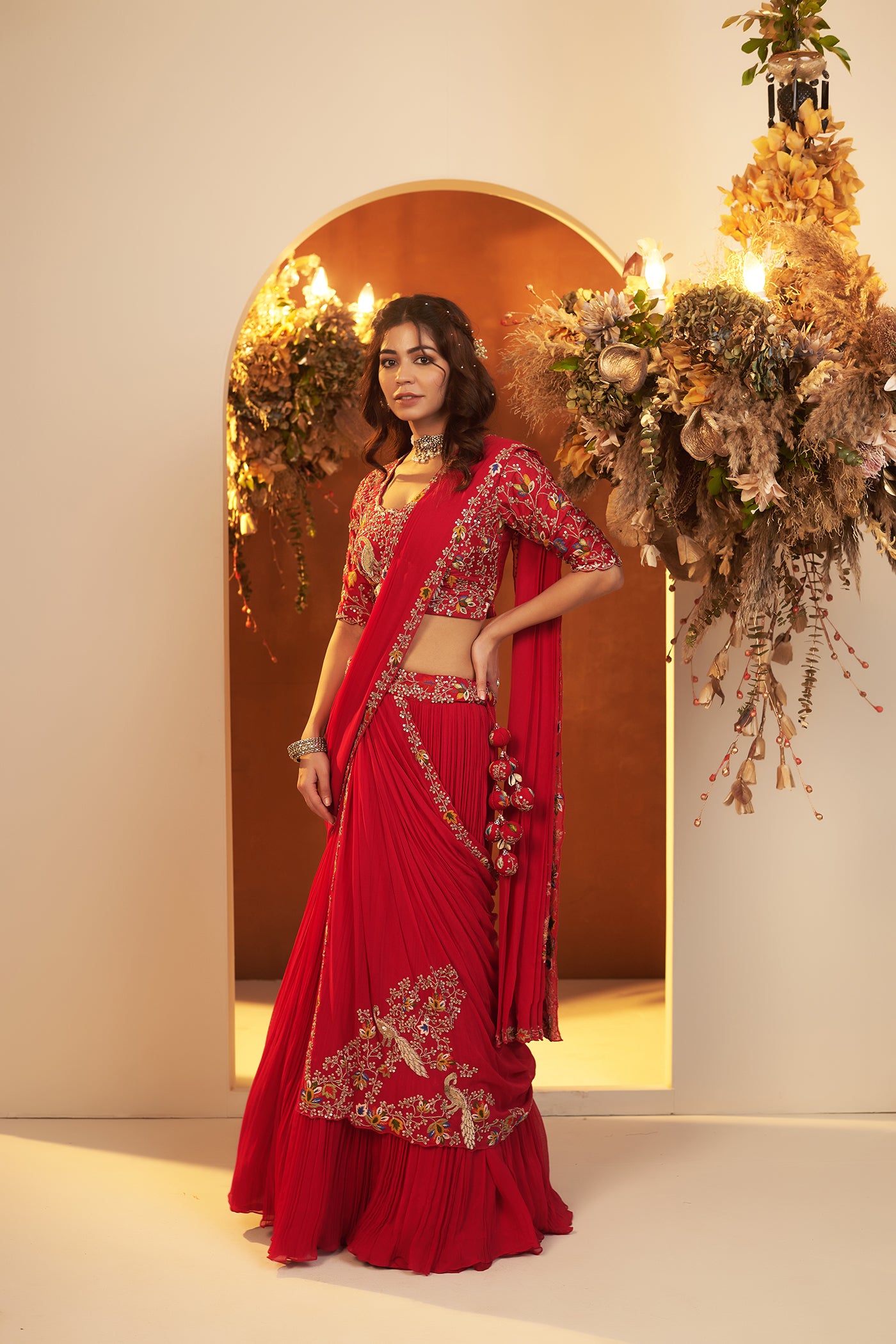 Fuchsia Red Draped Lehenga Set