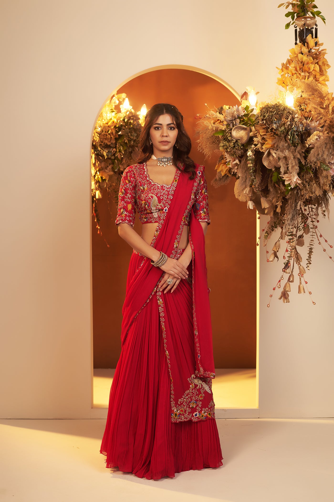 Fuchsia Red Draped Lehenga Set