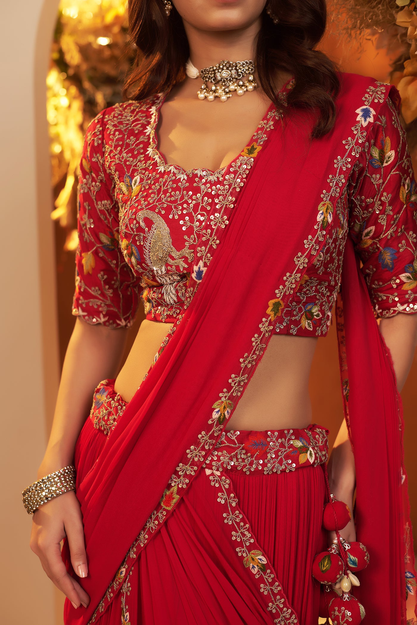 Fuchsia Red Draped Lehenga Set