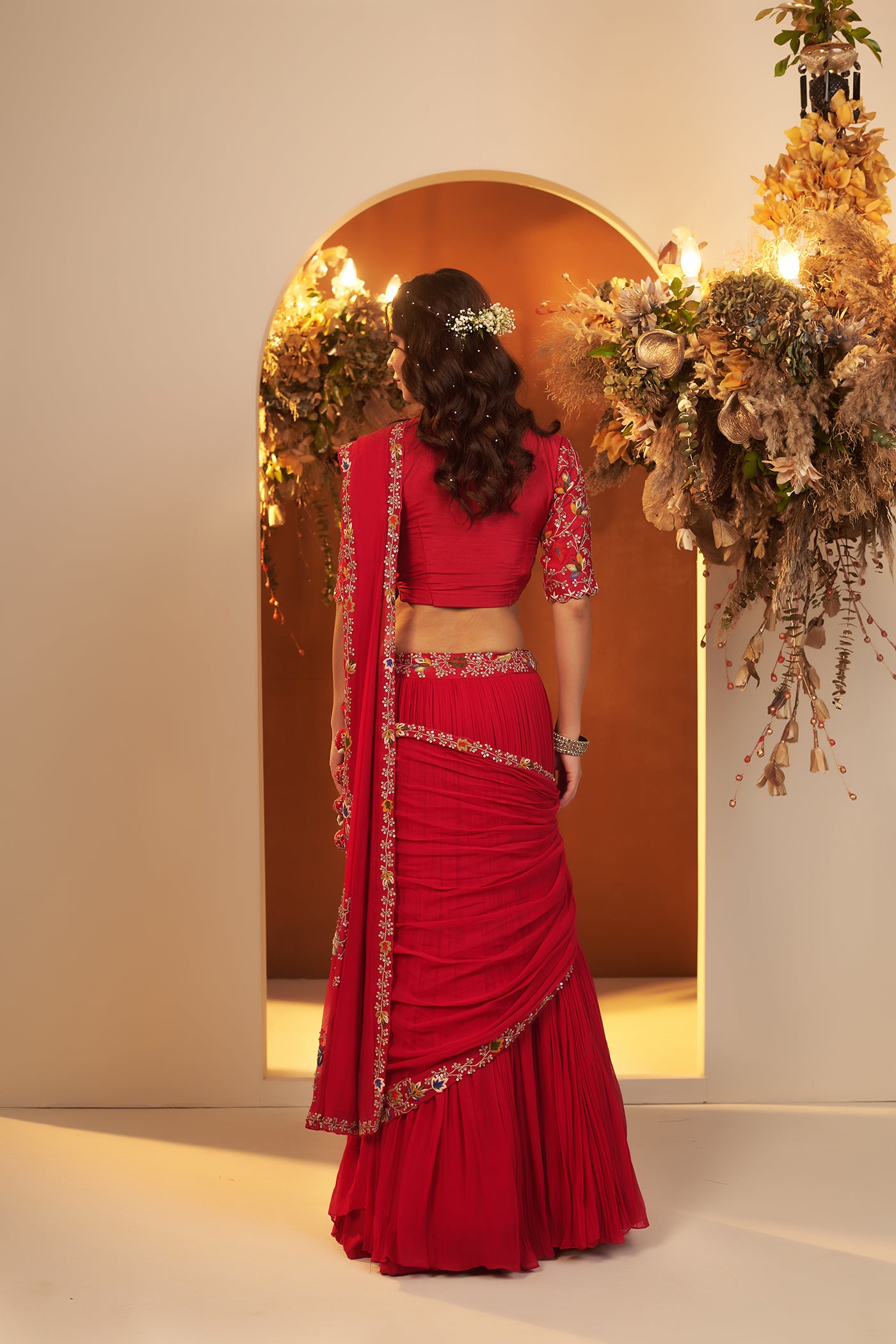 Fuchsia Red Draped Lehenga Set