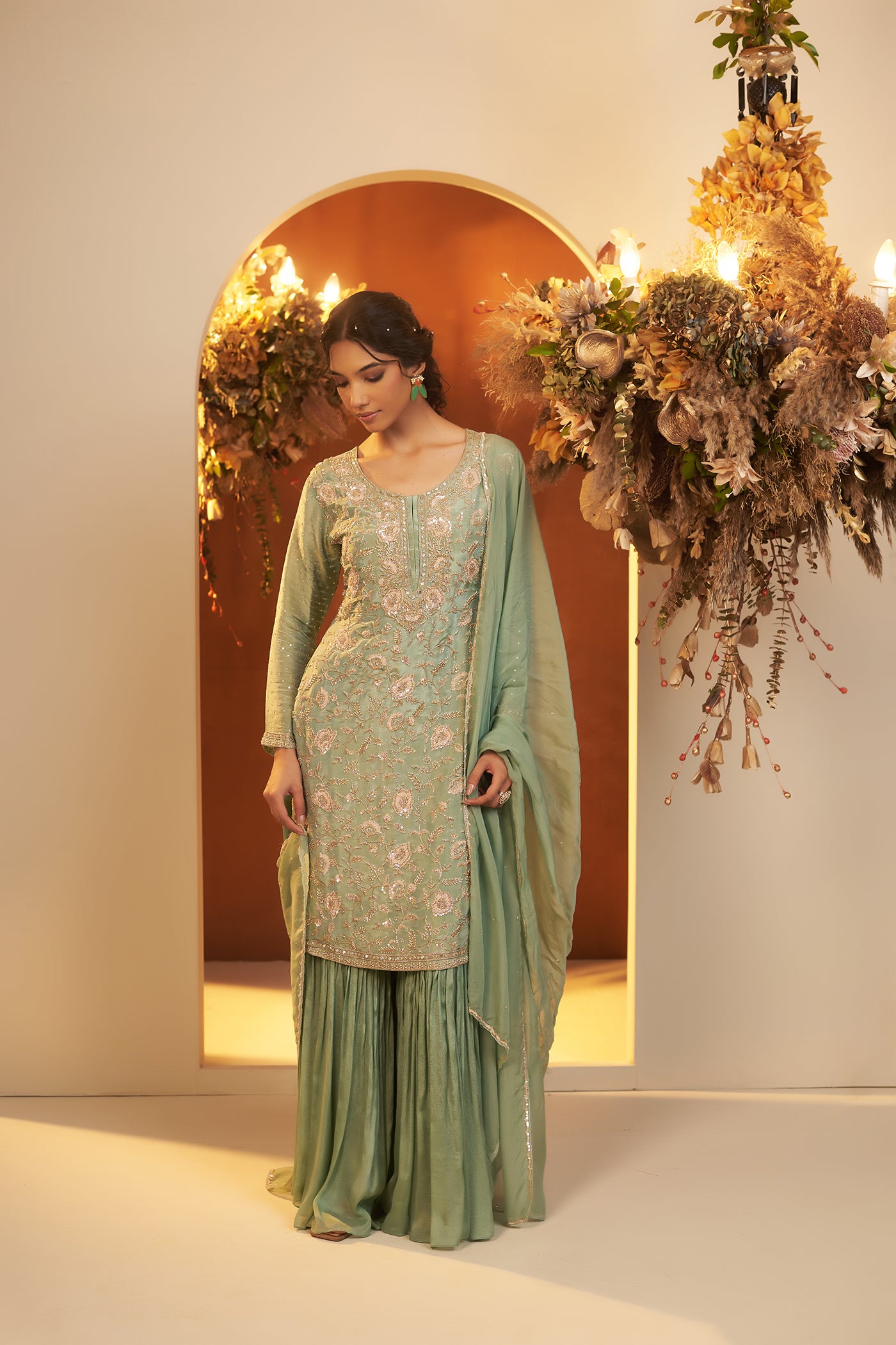 Mint Green suit with sharara and dupatta
