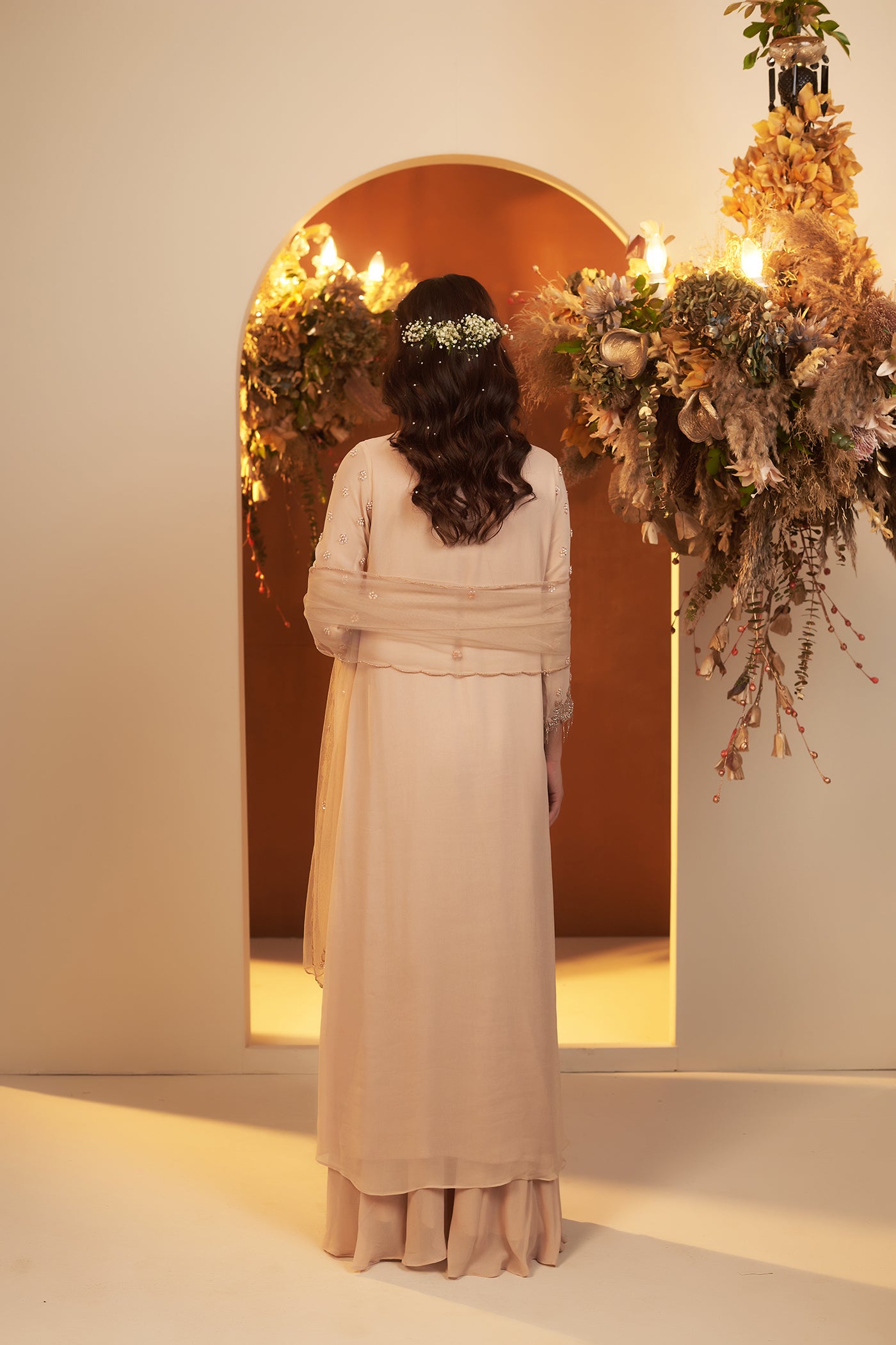 Soft Beige Ombre Brown Anarkali Gown With Palazzo and Dupatta Set