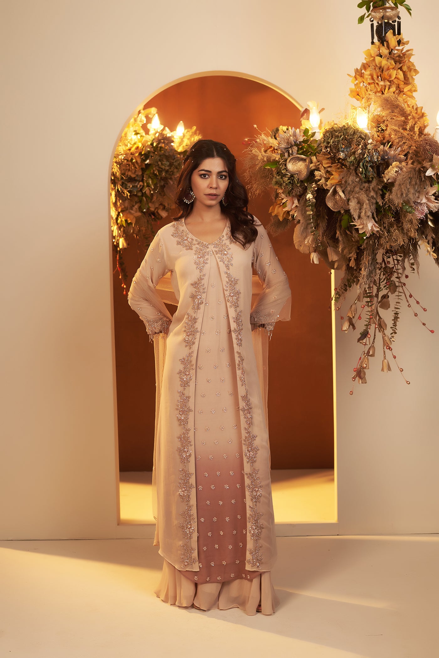 Soft Beige Ombre Brown Anarkali Gown With Palazzo and Dupatta Set