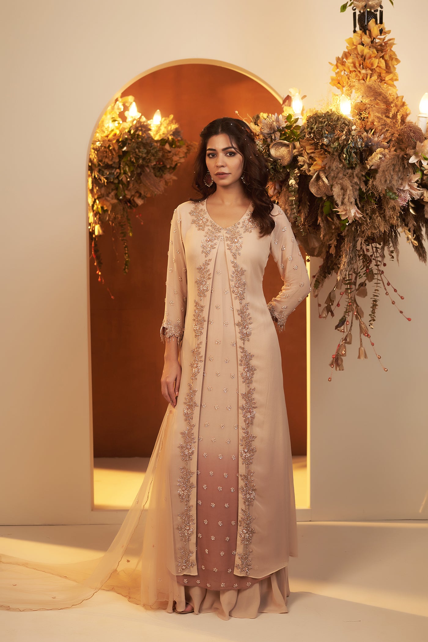 Soft Beige Ombre Brown Anarkali Gown With Palazzo and Dupatta Set