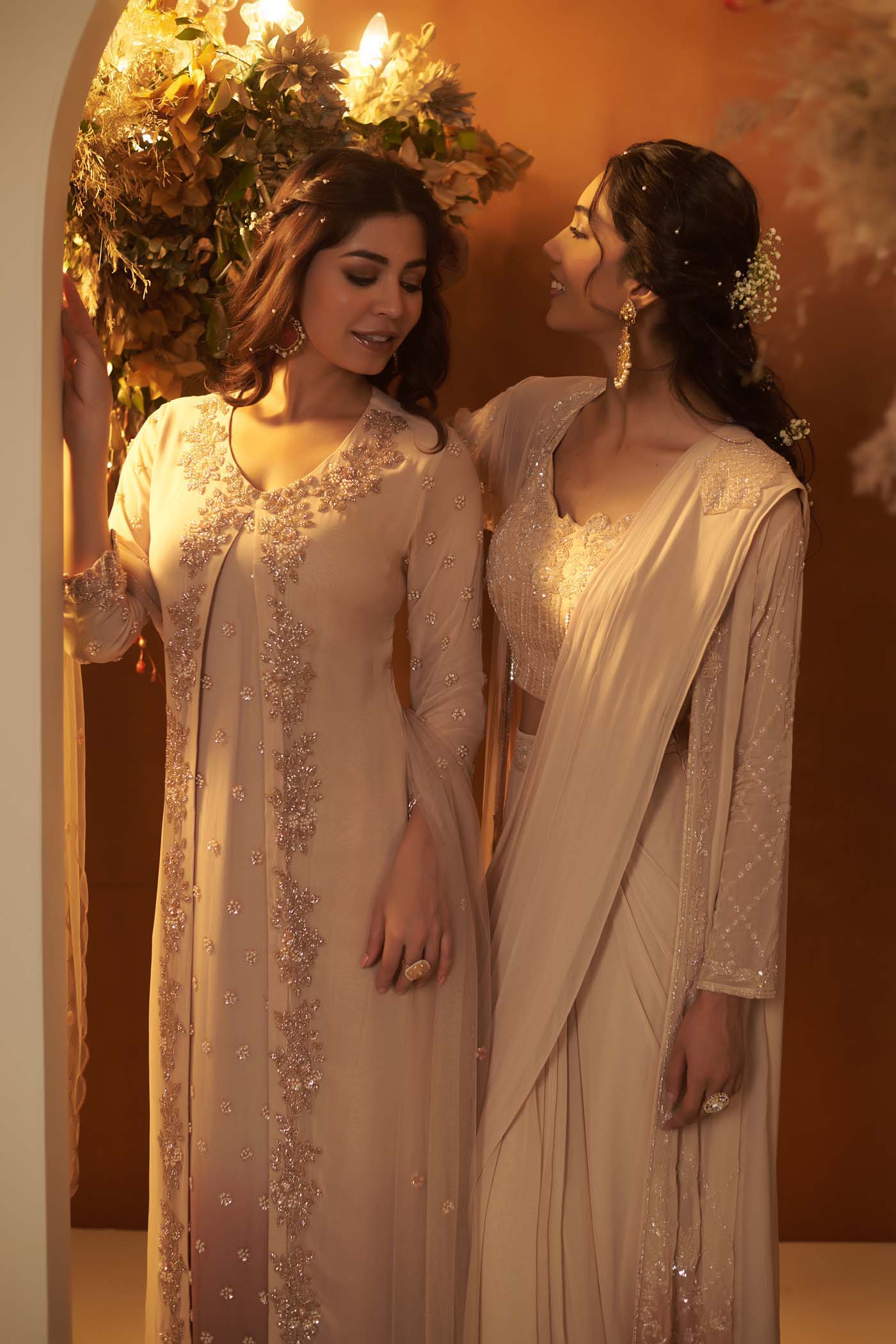 Soft Beige Ombre Brown Anarkali Gown With Palazzo and Dupatta Set